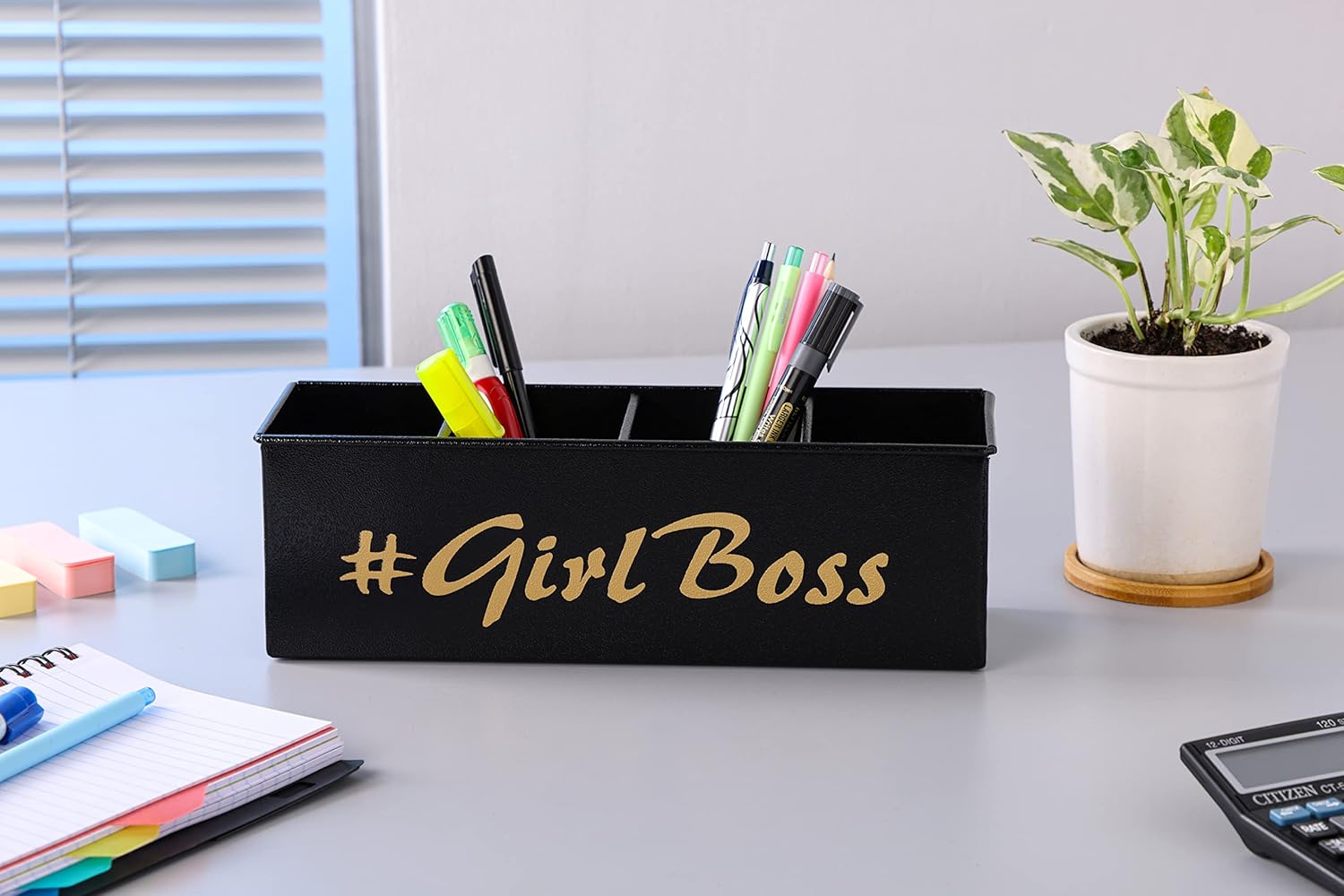 DUDKI HOME QUINTESSENTIALS 4 Compartments Pen Holder and Makeup Stand - Gift Office Desk Accessories Décor Storage Multi-functional Pen Organizer for Countertop Desk