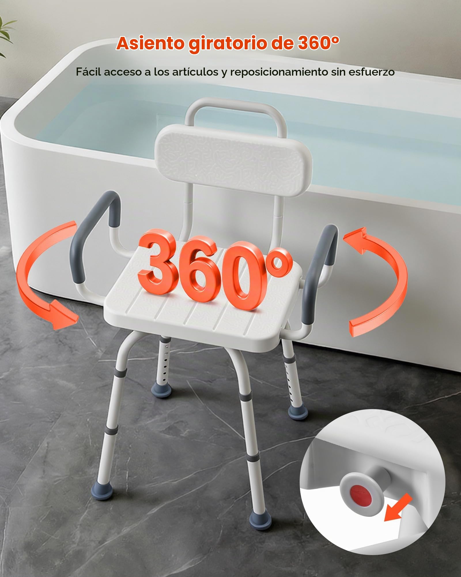VEVOR Silla de Bañera con Asiento Giratorio, Brazos y Respaldo, Carga de 180 kg, Altura Ajustable de 405 a 530 mm, Asiento de Bañera para Adultos, Personas Mayores, Personas con Discapacidad