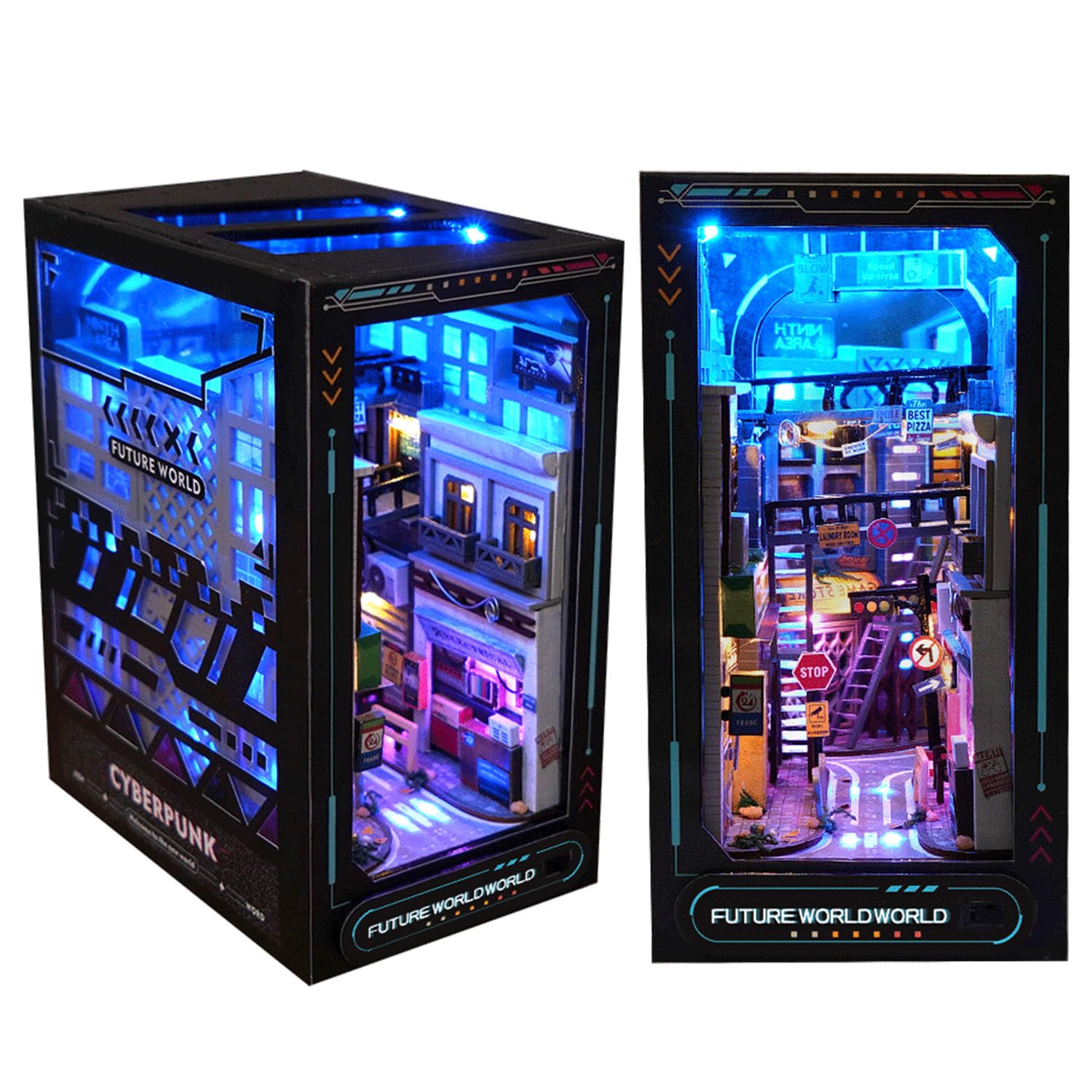 FleverDollhouse DIY Book Nook Miniature Kit, Bookshelf Insert Decor, 3D Wooden Booknook Miniature Kit, Creative Assembled Bookends for Artwork Gift (Near The Future)