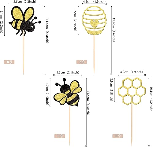 Miniatura 2 de 36 piezas de decoración para magdalenas de abejorro de abeja de doble cara, flores dulces de abeja, palillos de pastel de abeja, palillos de pastel
