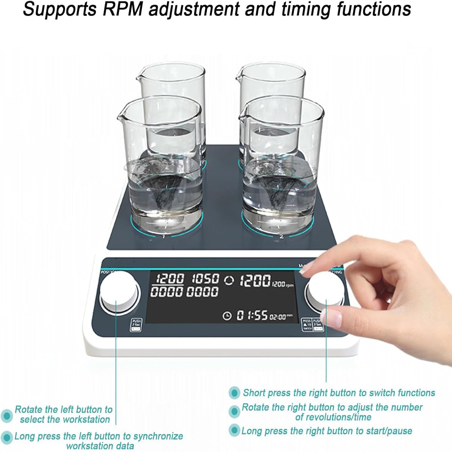 Mezclador magnético 50-1500 RPM, AC100-240V control síncrono/asincrónico, tiempo ajustable 1 min - 19 H 59 min, volumen 4 x 500 ml, motor sin escobillas para uso en laboratorio