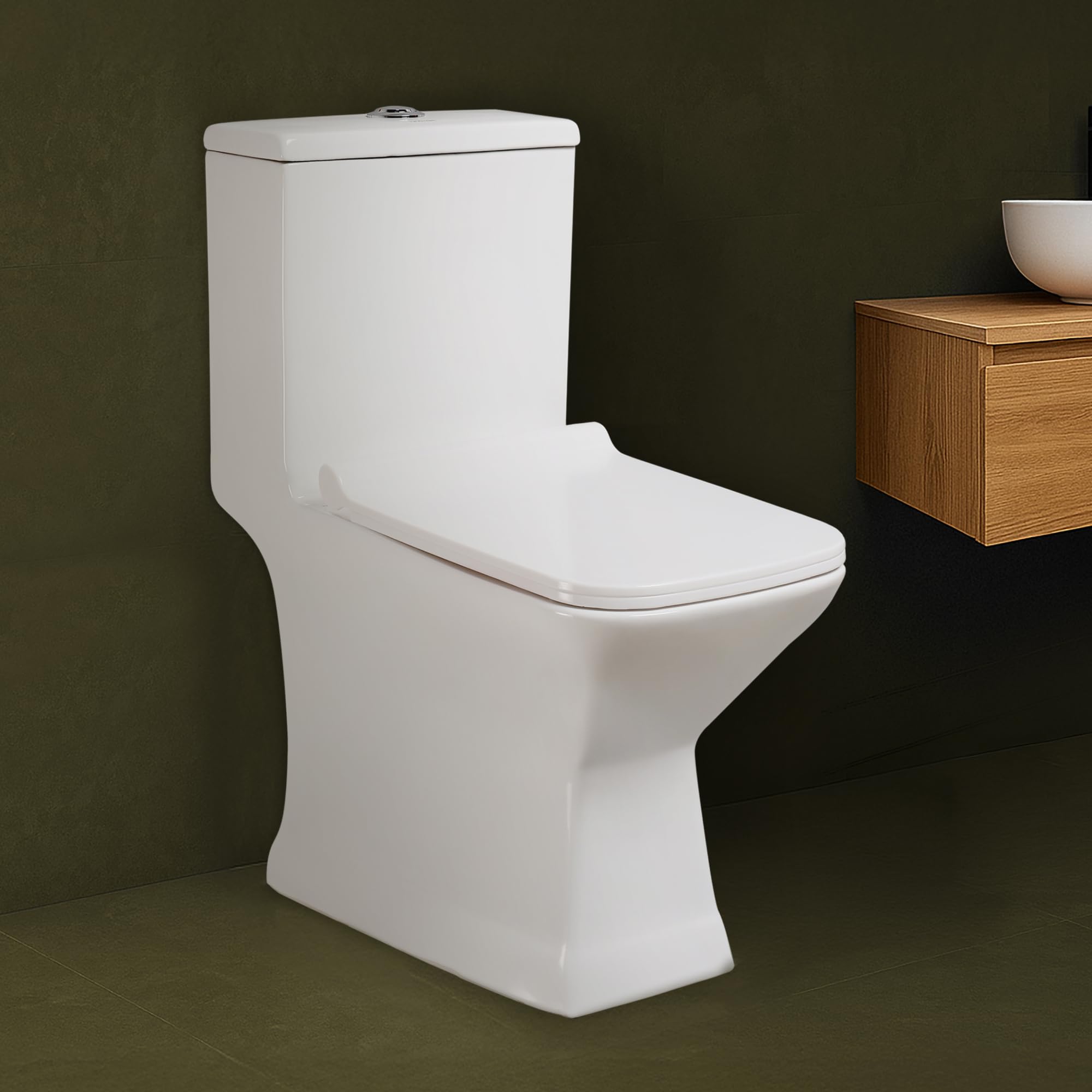Hindware Italian Collection Prima One-piece EWC for Bathroom | S-220 Trap | Made of Ceramic | 10-year Warranty | Wash Down Flushing | Water Saving Feature | Soft Close Seat Cover