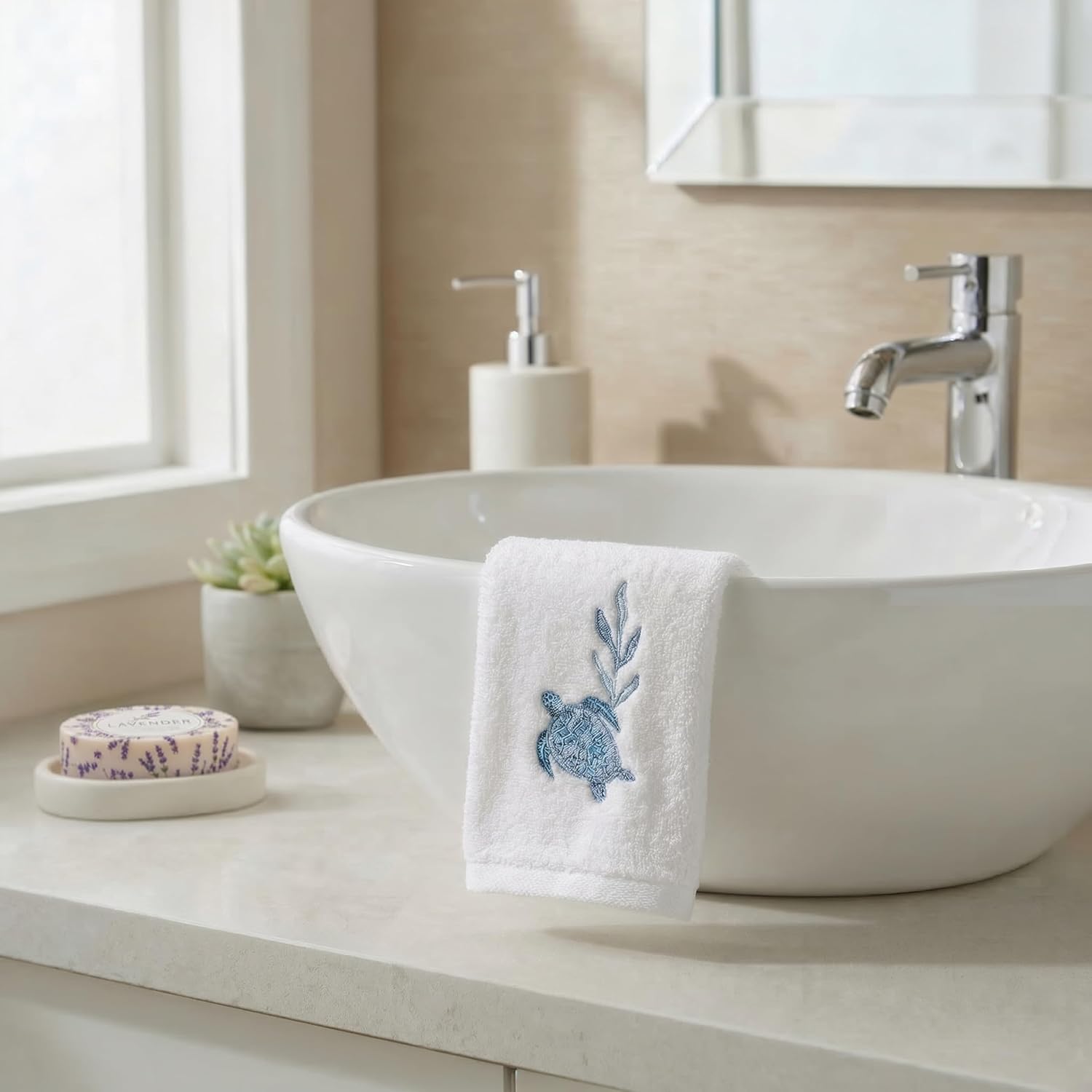 Avanti Linens – Fingertip Towel Set, 100% Cotton Velour Bathroom Towels with Embroidered Starfish & Coral, Absorbent Terry Reverse, Home Decor, Set of 2 (Abstract Coastal Collection)