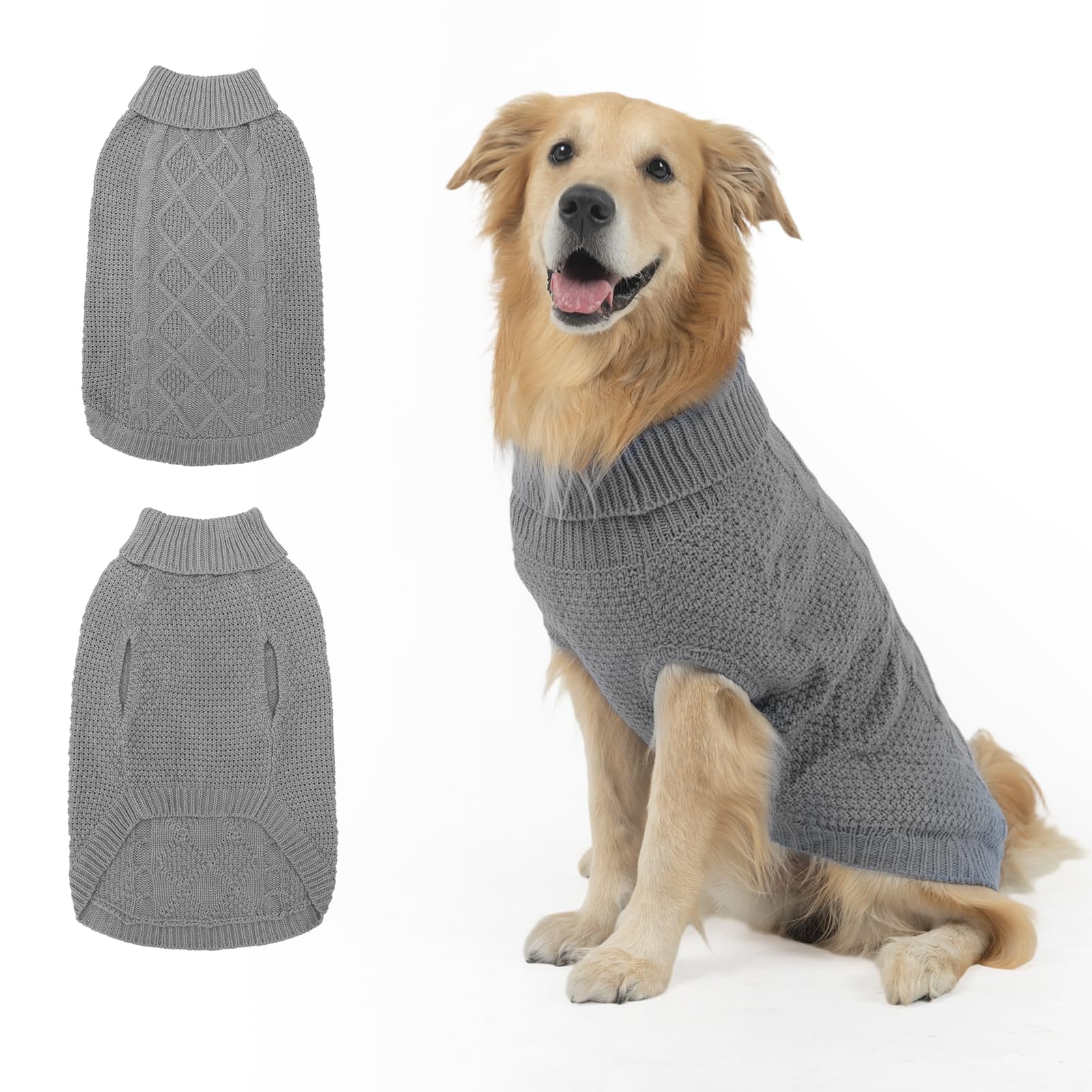 Mihachi Turtleneck Dog Sweater - Winter Coat Apparel Classic Cable Knit Clothes with Leash Hole for Cold Weather, Ideal Gift for Pet in New Year Grey L
