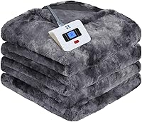 Sealy Twin Size Electric Blanket Faux Fur Flannel, 10 Heat Levels, 12Hr Auto-Off, Fast Heating, Machine Washable, Grey 62x84"