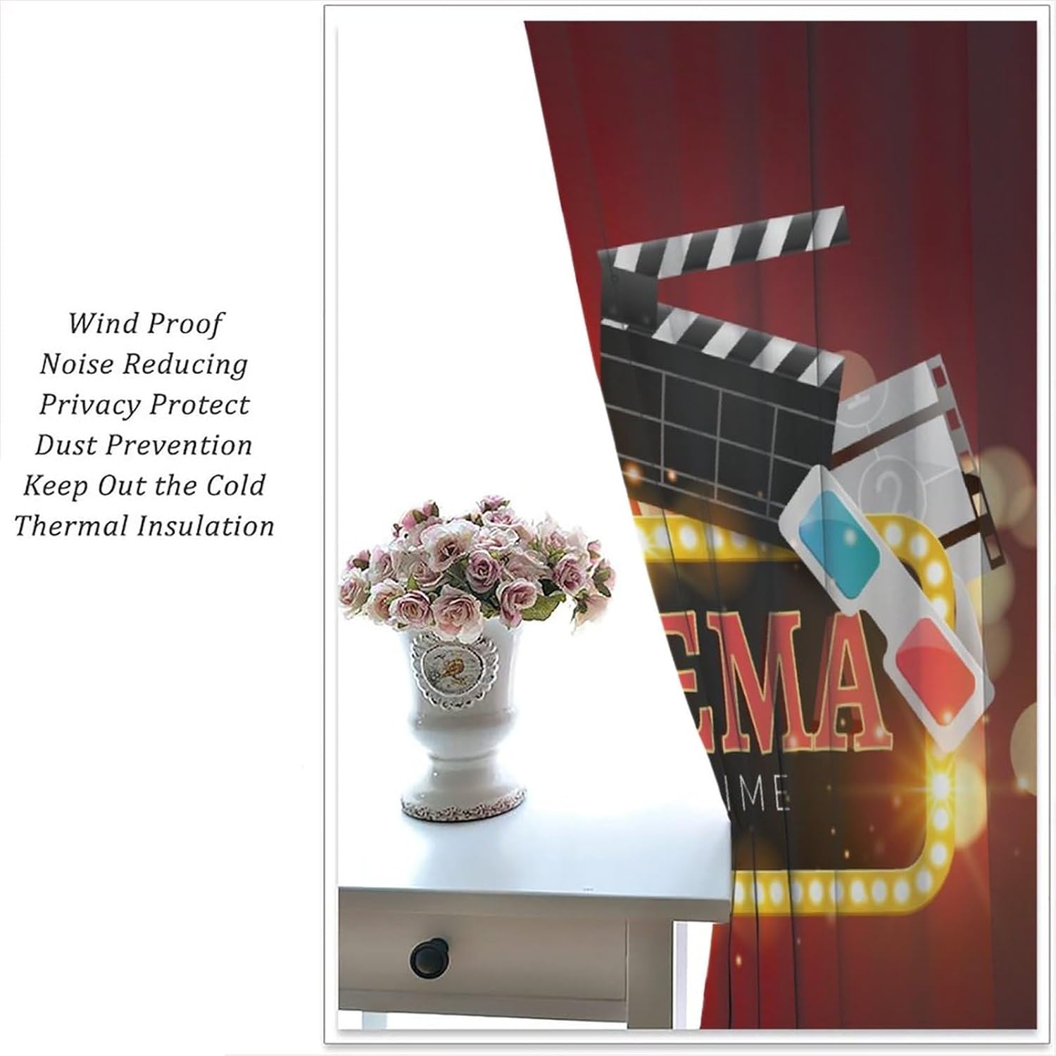 Movie Theater Blackout Curtains, Vintage Old Fashioned Home Theater Popcorn Drinks Print Home Decor Bedroom Living Room Game Room Rod Pocket Window Drapes63x63in