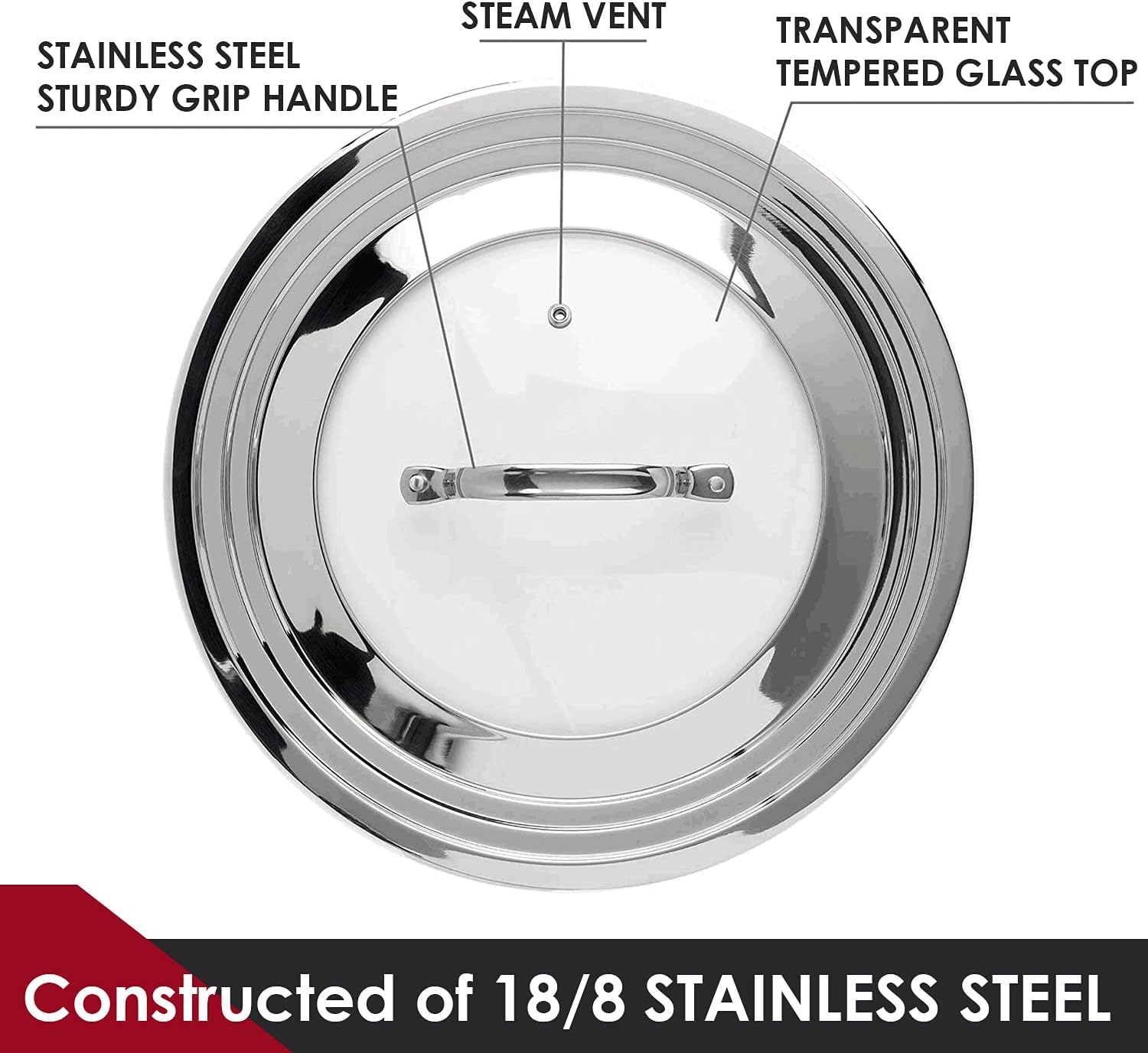 Stainless Steel Universal Lid for Pots, Pans and Skillets - Fits 7" to 12" Pot and Pans - Tempered Glass with Stainless Steel Rim Replacement Frying Pan Cover and Cast Iron Skillet Lid - Image 2