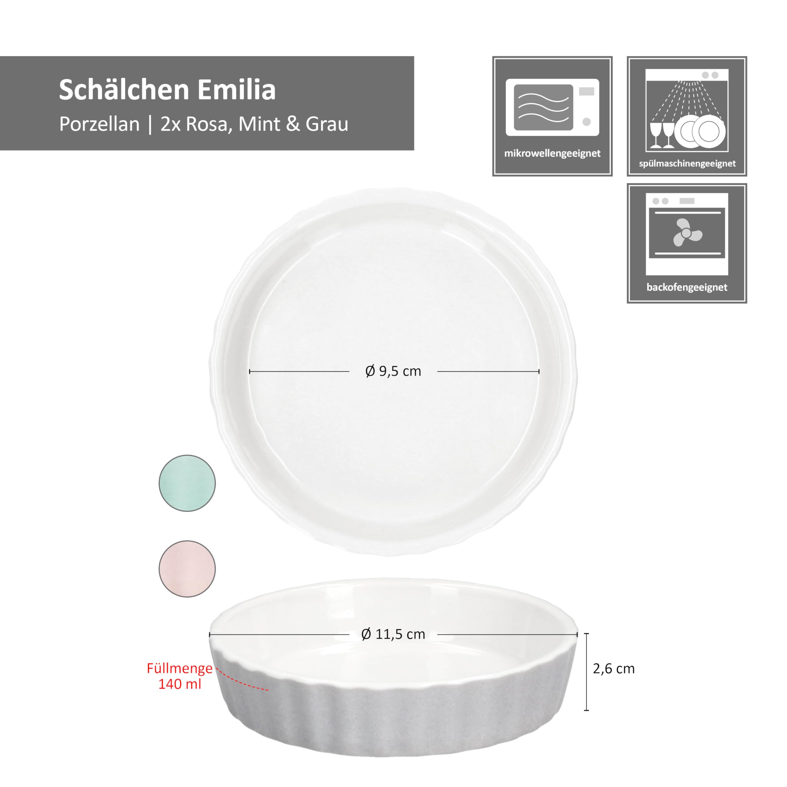Set di 6 ciotole Emilia Ø 11,5 cm, 140 ml, porcellana, rosa, menta e grigio, mini teglia da forno rotonda, per crème brûlée, soufflé, cupcakes, tiramisu, ecc.