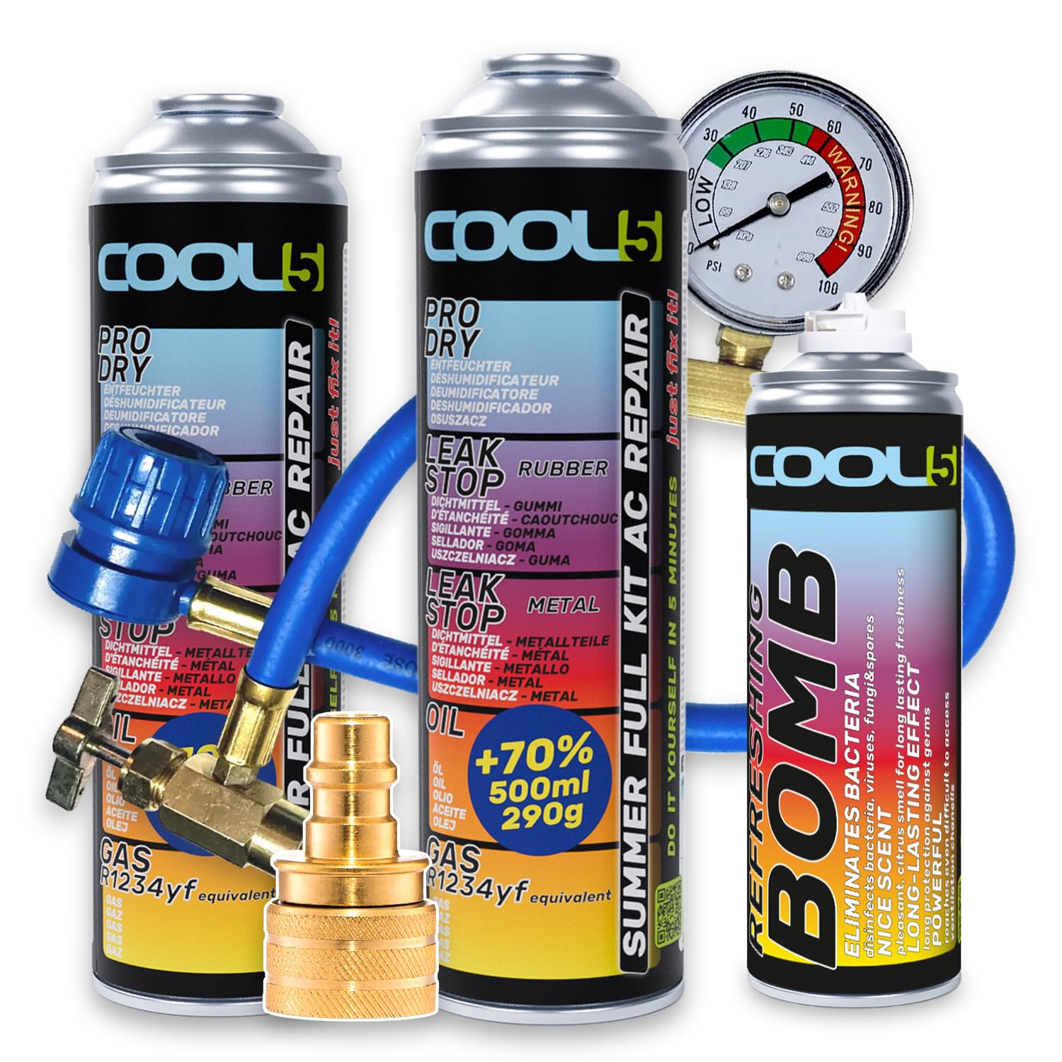 2X Klimaanlagen-Reparaturset Summer Full KIT AC 5in1 (R1234yf Ersatz Gas) mit Messschlauch - für Fahrzeuge ab Baujahr 2017, 290g +70% Produkt - Klimaanlagenlösung + Refreshing Bomb