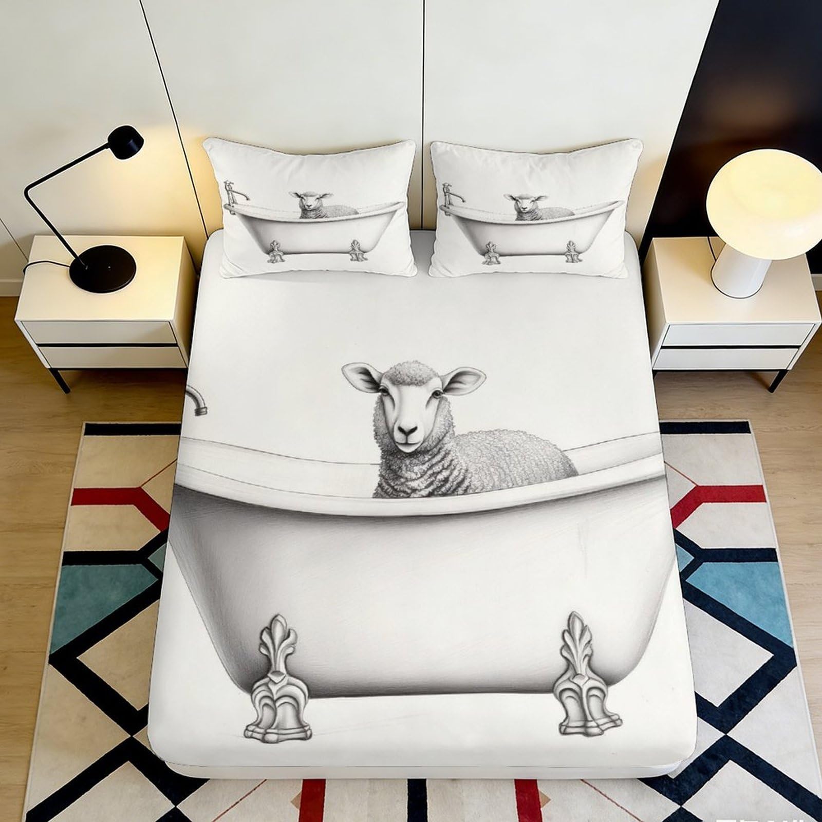 Decorative sheep bathtub design Fitted Sheet, 3D Printed soft touch Microfiber, wrinkle resistant, guest room bedding, easy care, stylish home decor 90x200x25cm