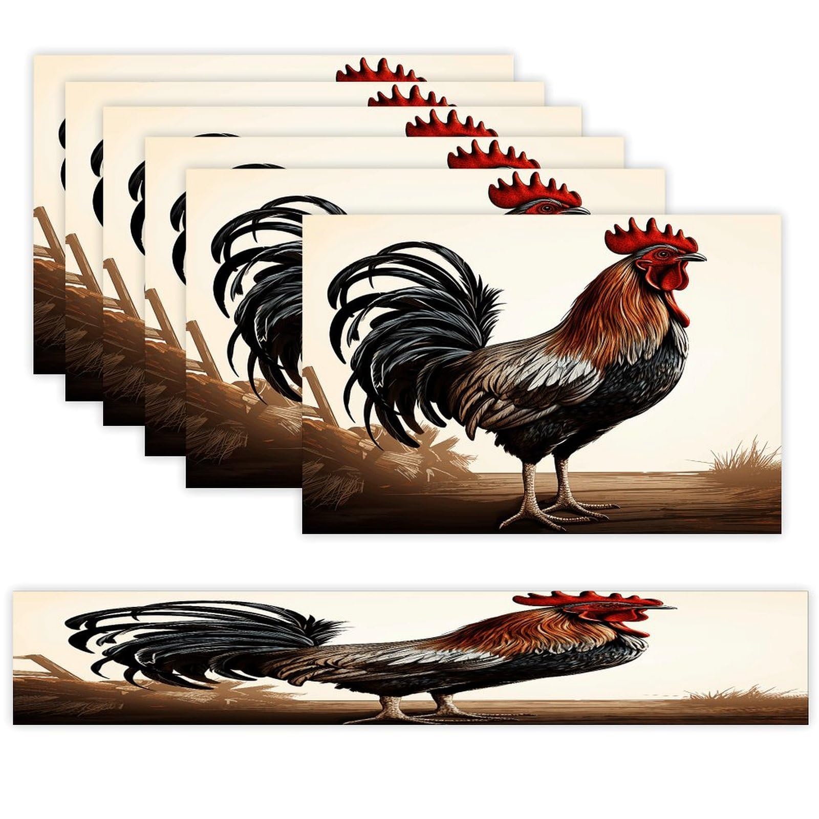 Rooster Table Runner and Placemats of 6 Washable Heat Resistant Place Mats with Table Runner Vintage Holiday Table Mat Set for Holiday Party Kitchen Dining Deco