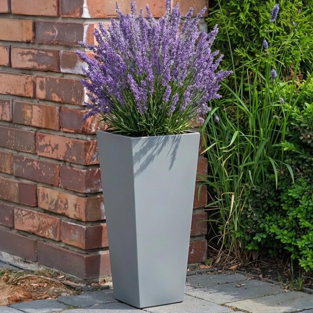 IDEALIST Small 50cm Tall Planter for Garden | Grey Reinforced Stone Tapered Square Planter | Outdoor Pots with Drainage Holes L24 W24 H50 cm, 30 litres