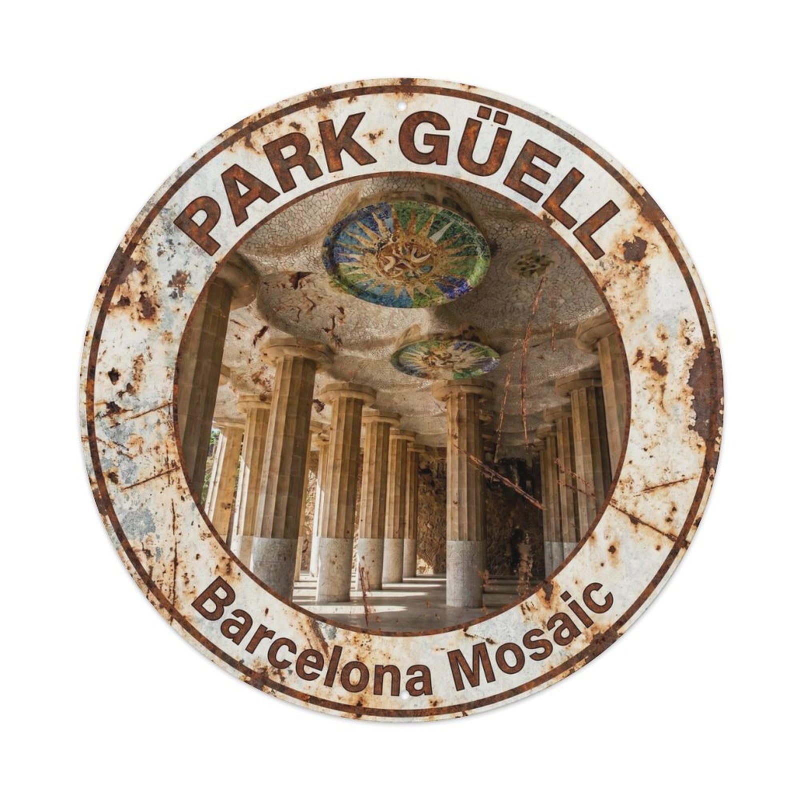 Mosaic Park Barcelona Arcade Vintage Spain Travel Landmark Metal Tin Sign Plaque Wall Decor for Cafe, Man Cave, Club Bar, Office, Home Garden Round Metal Poster 8x8Inch