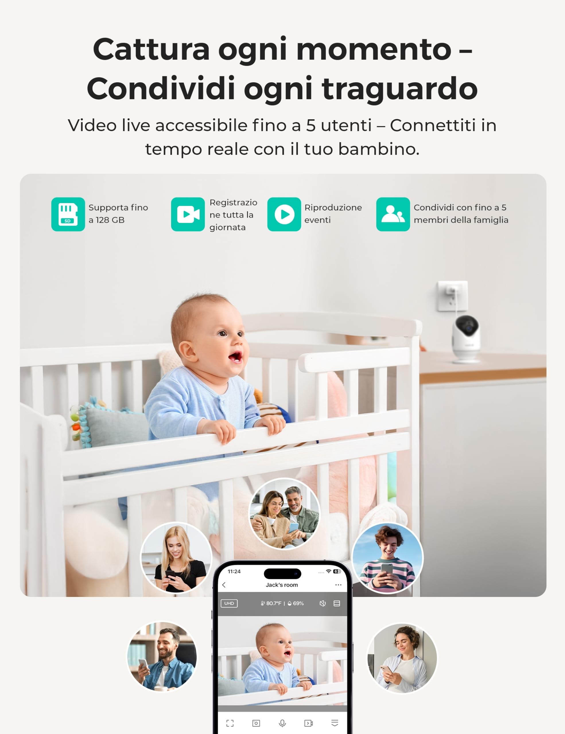 Dr.Care VistaView Lite Smart WLAN Babyphone con fotocamera Baby Monitor – 4" 720P Screen, fotocamera 1080P controllo app, allarme di movimento, visione notturna, batteria 3000 mAh