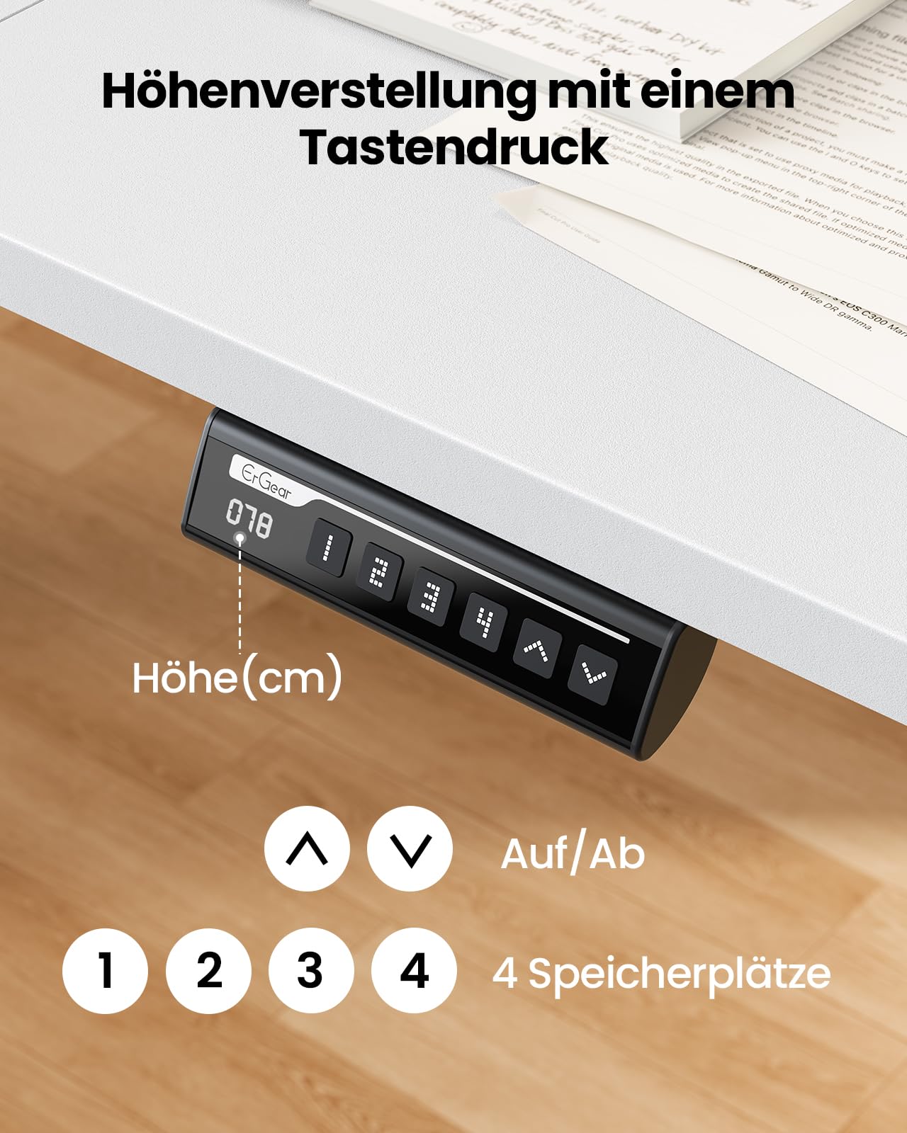 ErGear Elektrisch Höhenverstellbarer Schreibtisch 140x70 cm, 4 Memory-Funktion, Gaming Tisch mit Vierteilige Tischplatte