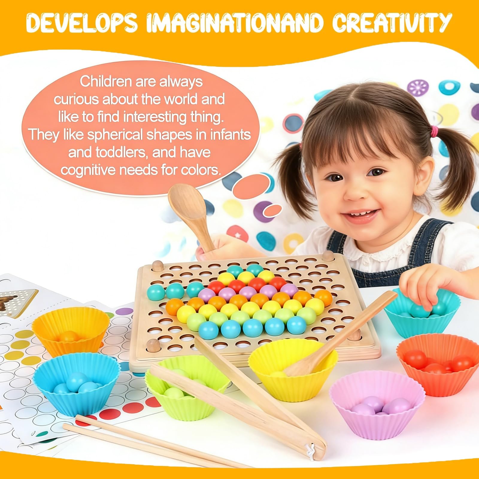Jeu de Perles à Clip Rainbow Beads Montessori en Bois Jeux Éducatifs Motricité Fine 3 Ans