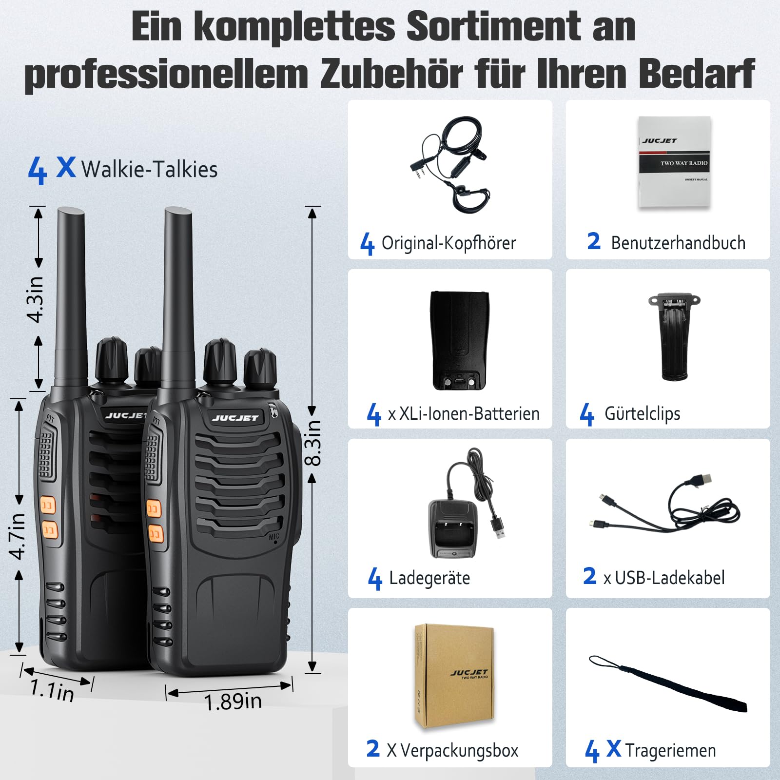 Walkie Talkies PMR446 Professionele Radio Set, 16 Kanalen Oplaadbare Walky Talky Set Draagbaar met Headset en USB-laadstation voor buitensporten, bouwplaats (2 paar, zwart