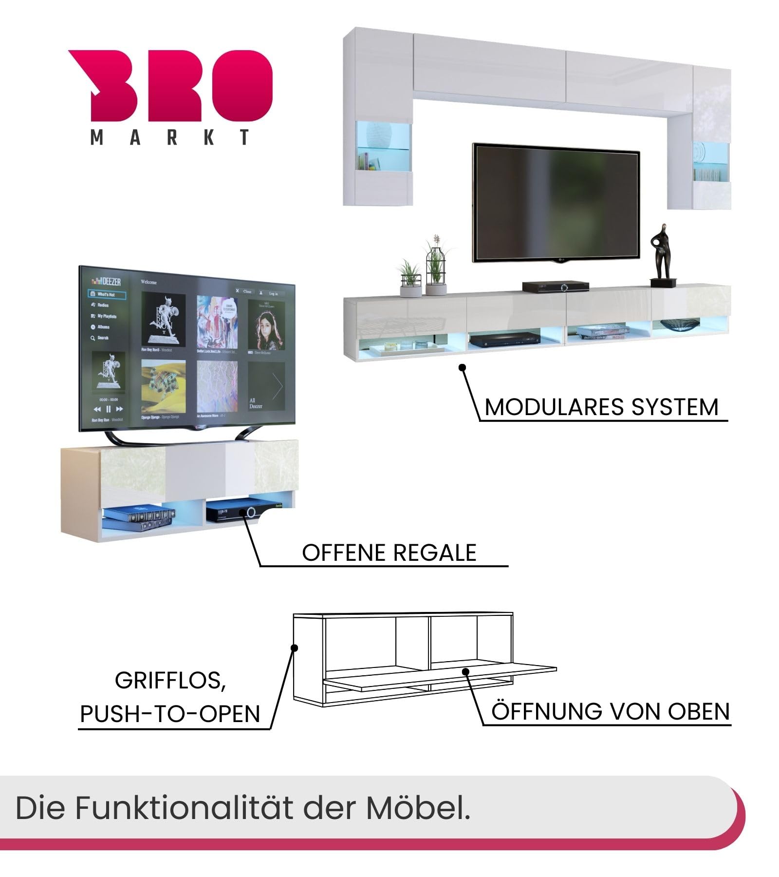 BROMARKT Premium Wohnwand Wohnzimmer Set 5 Teile – Wohnzimmer Schrank - Wohnzimmer Möbel mit Wandschrank und TV Schrank - Wohnzimmerschrank Komplett Möbel - Eiche Craft und Hochglanz Weiß