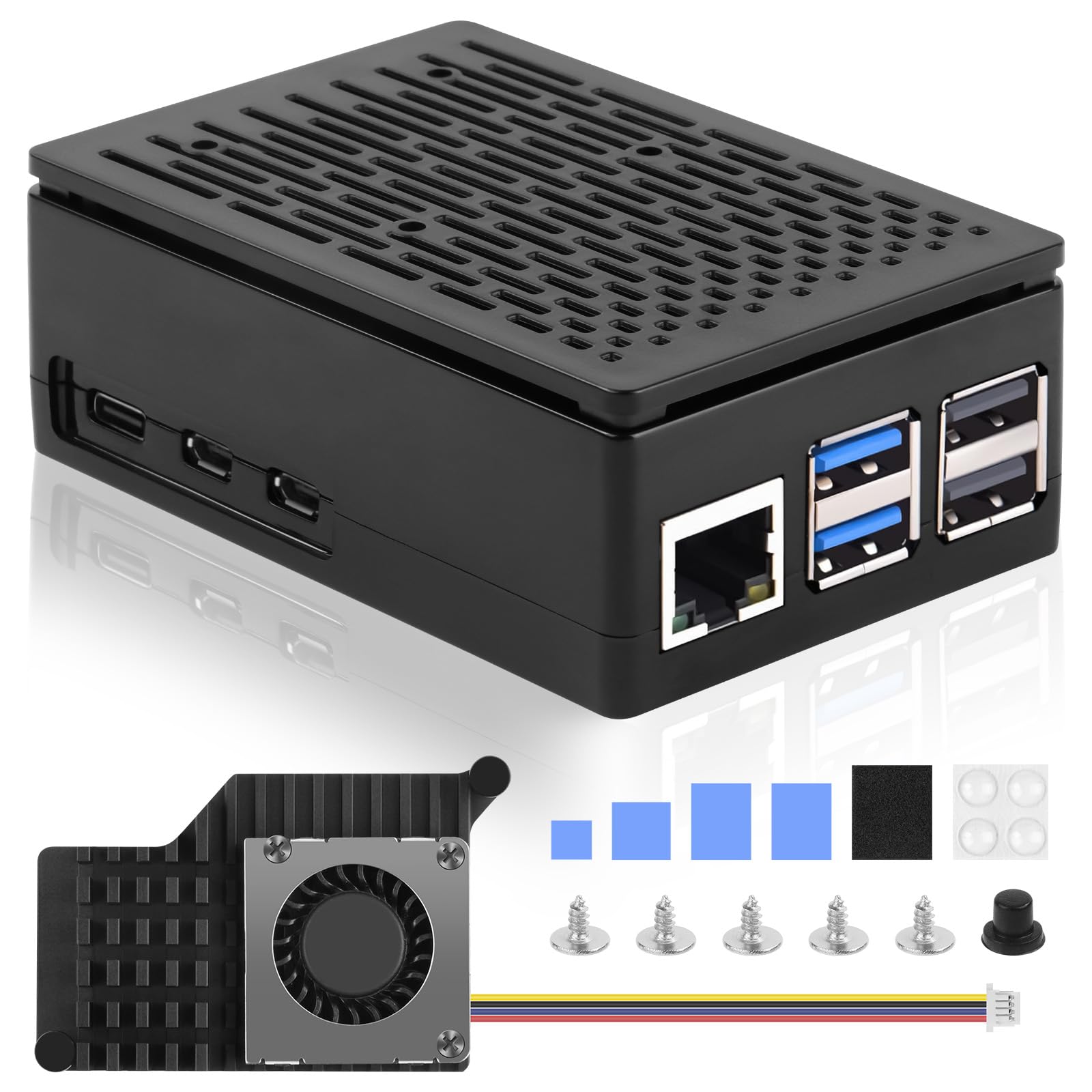 Aolso Raspberry Pi 5 ABS Case with Active Cooler, PCIe M.2 NVMe SSD Shield Top, Cooling Fan for Pi 5 4GB/8GB