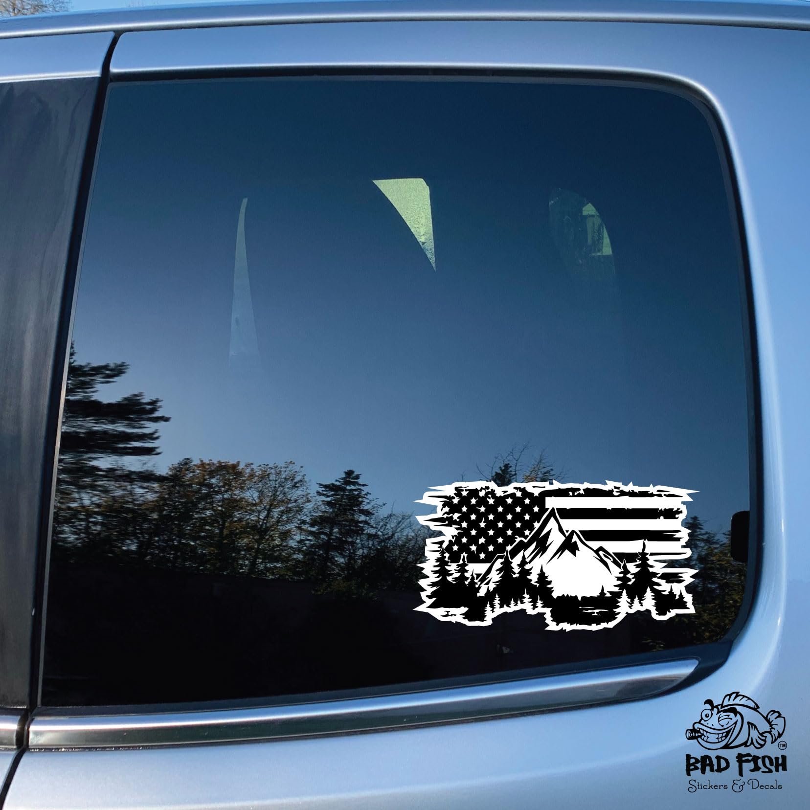 American Flag Distressed Car Decal By Bad Fish – Funny Patriotic Vinyl Sticker (Black, 1 Inch)