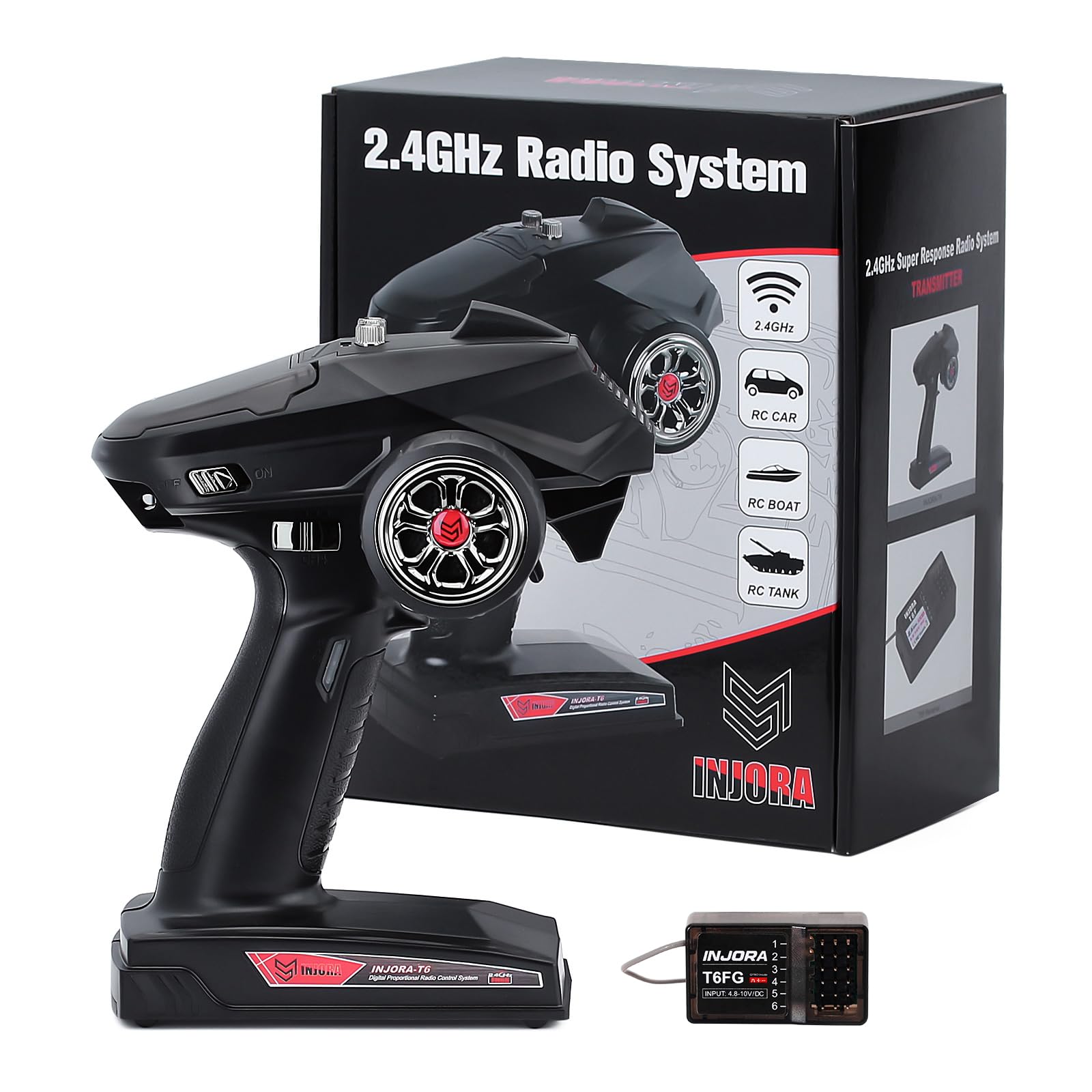 INJORA RC Car Fernsteuerung 2,4GHz 6 Kanal RC Fernbedienung mit Gyro Fernbedienung mit Empfänger T6FG für 1/8 1/10 RC Auto Boot Panzer Crawler TRX4 SCX10