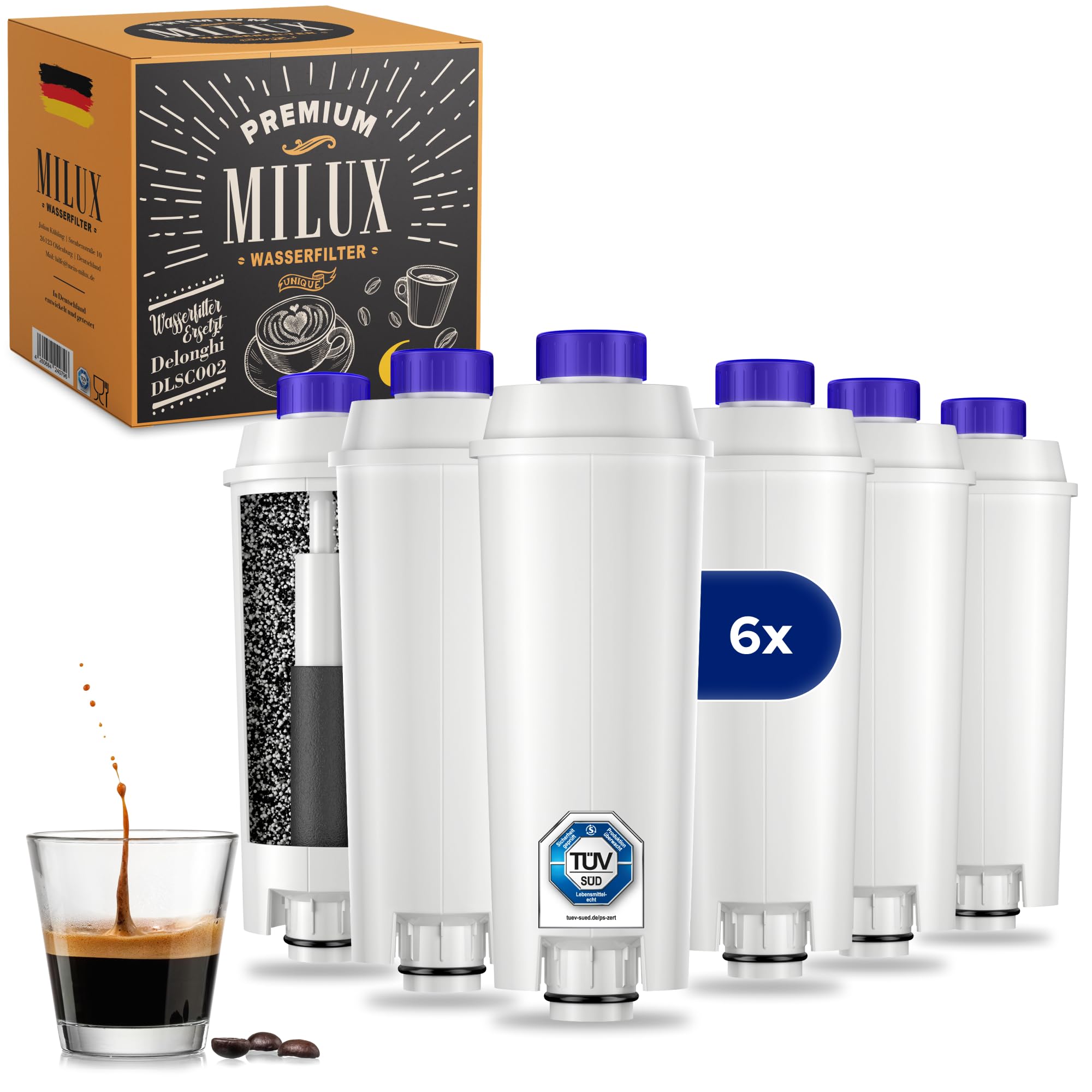 6 x Replacement for DeLonghi Water Filter - Fits DeLonghi Magnifica Evo & S, Dinamica (Plus), Primadonna, Eletta Explorer - Replaces De Longhi Water Filter for Coffee Machines and Espresso Machines