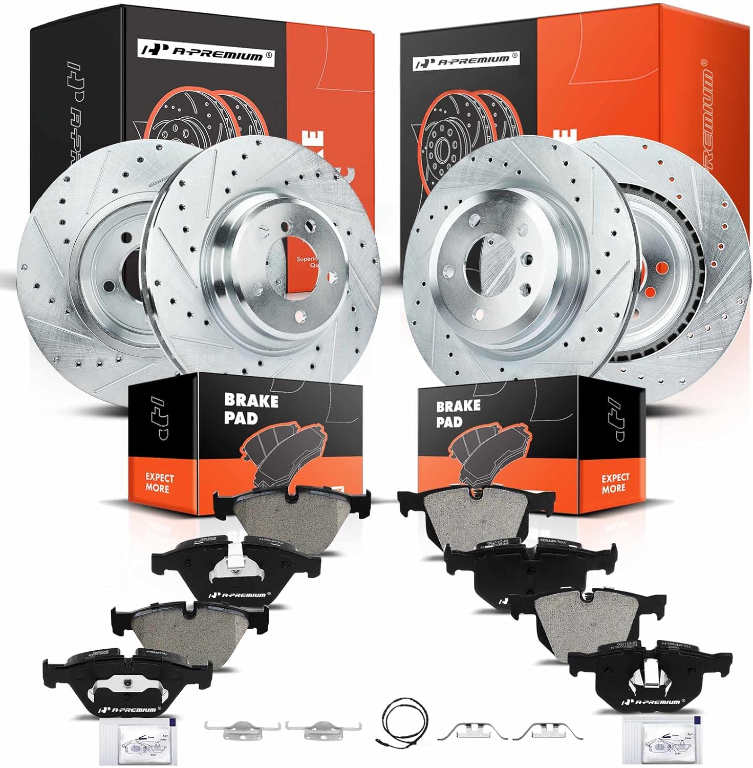 A-Premium Front and Rear Disc Brake Rotors + Ceramic Pads Kit Compatible with Select BMW and Lincoln Models - 335d 2009-2011, 335i 2007-2013, 335i xDrive 2009-2013, 335is 2011-2013, 335xi 2007-2008