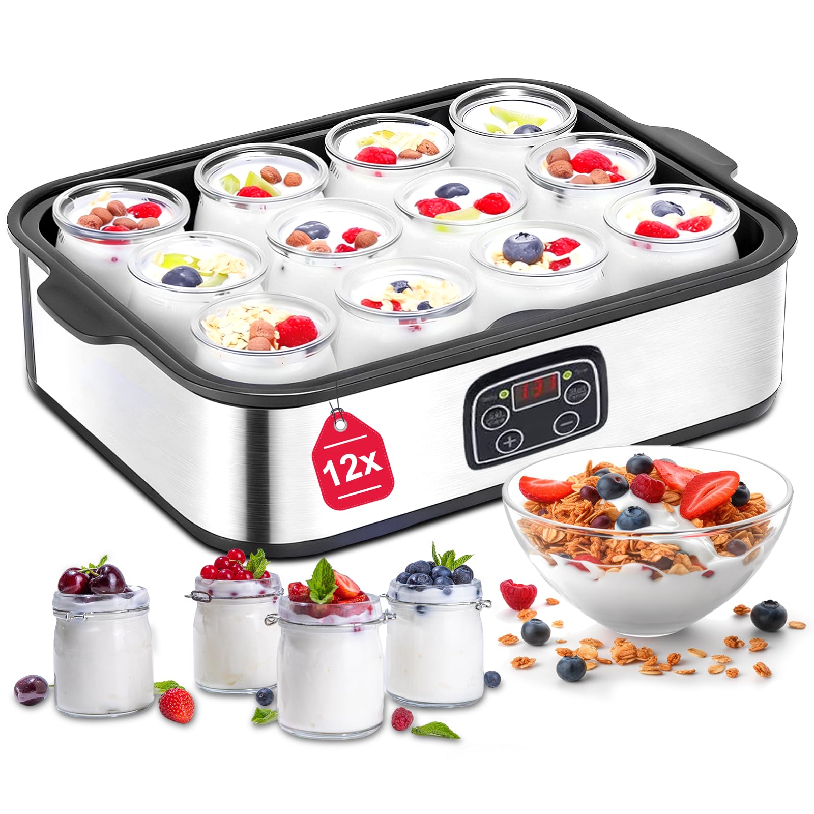 Joghurtbereiter 25W inkl 12 Glasbehälter à 180 ml Gesamtkapazität 2160 ml