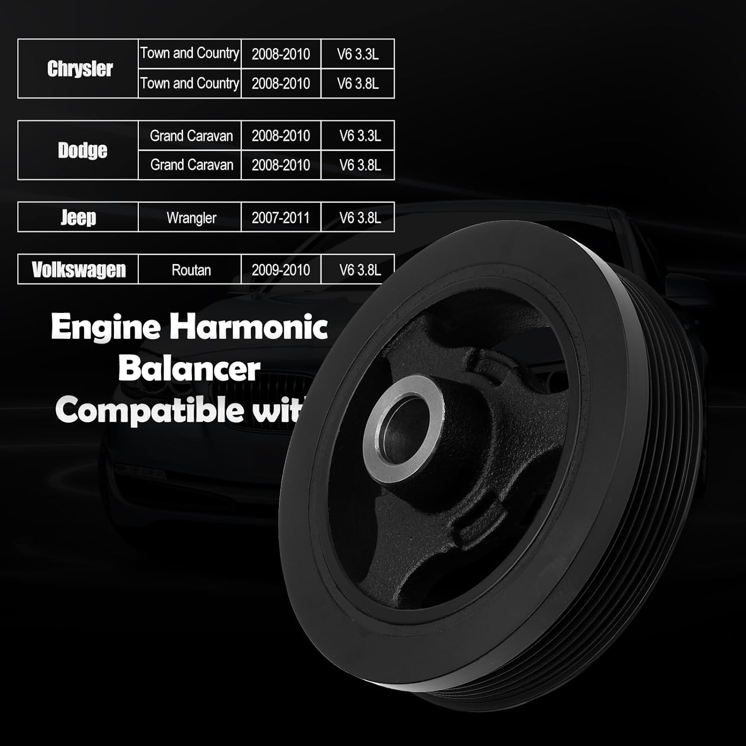 Engine Harmonic Balancer Compatible with 2008-2010 Chrysler Town and Country V6 3.3L/3.8L, 2008-2010 Dodge Grand Caravan V6 3.3L/3.8L, 2007-2011 Wrangler V6 3.8L, 2009-2010 Routan V6 3.8L