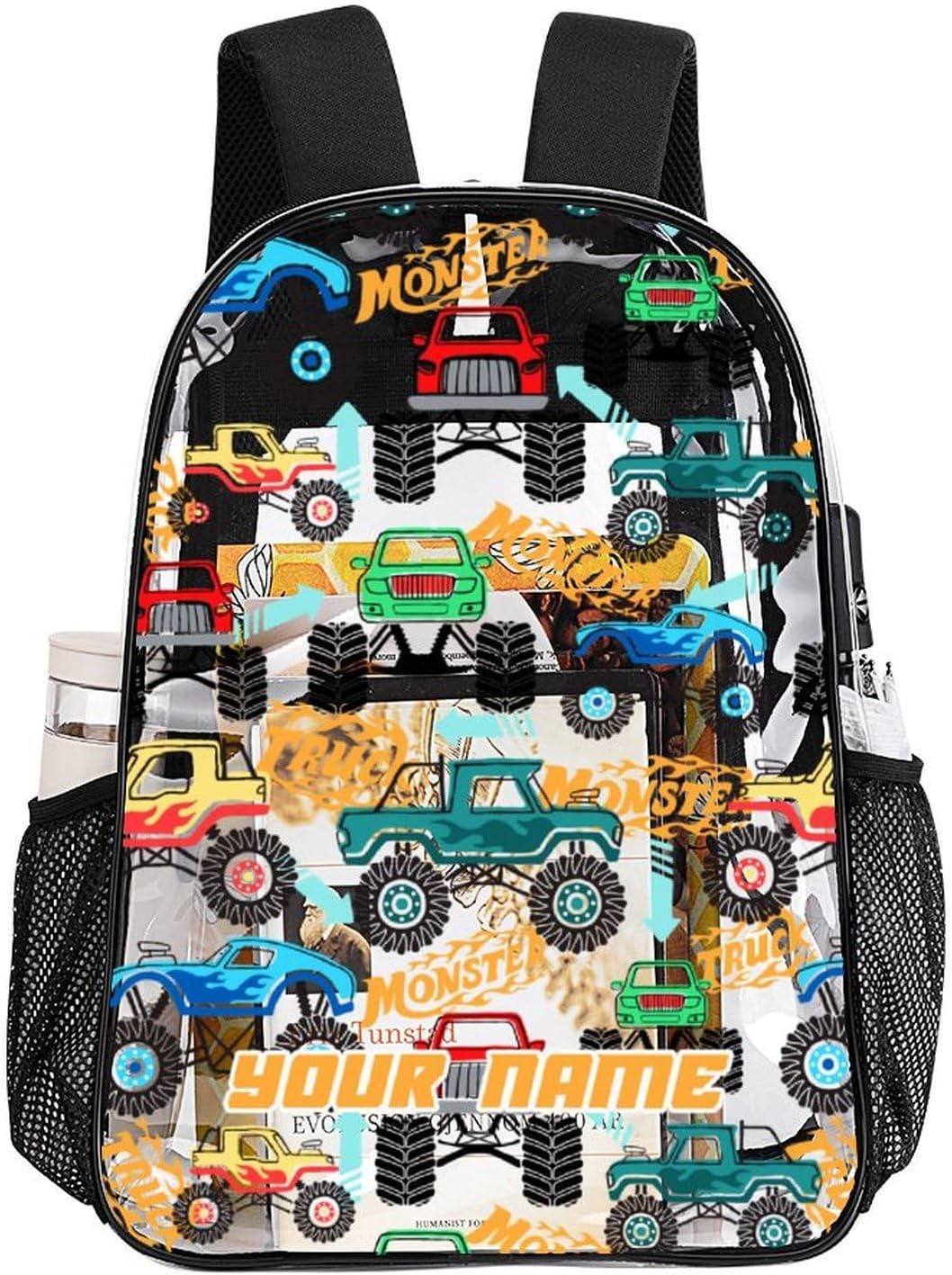 Custom Truck Clear Backpack Heavy Duty for Girls Kids Boys Women Men - Large Cute PVC Trucks Theme Printing Transparent Backpacks for Schools Stadium Concerts Work - Clear/Black