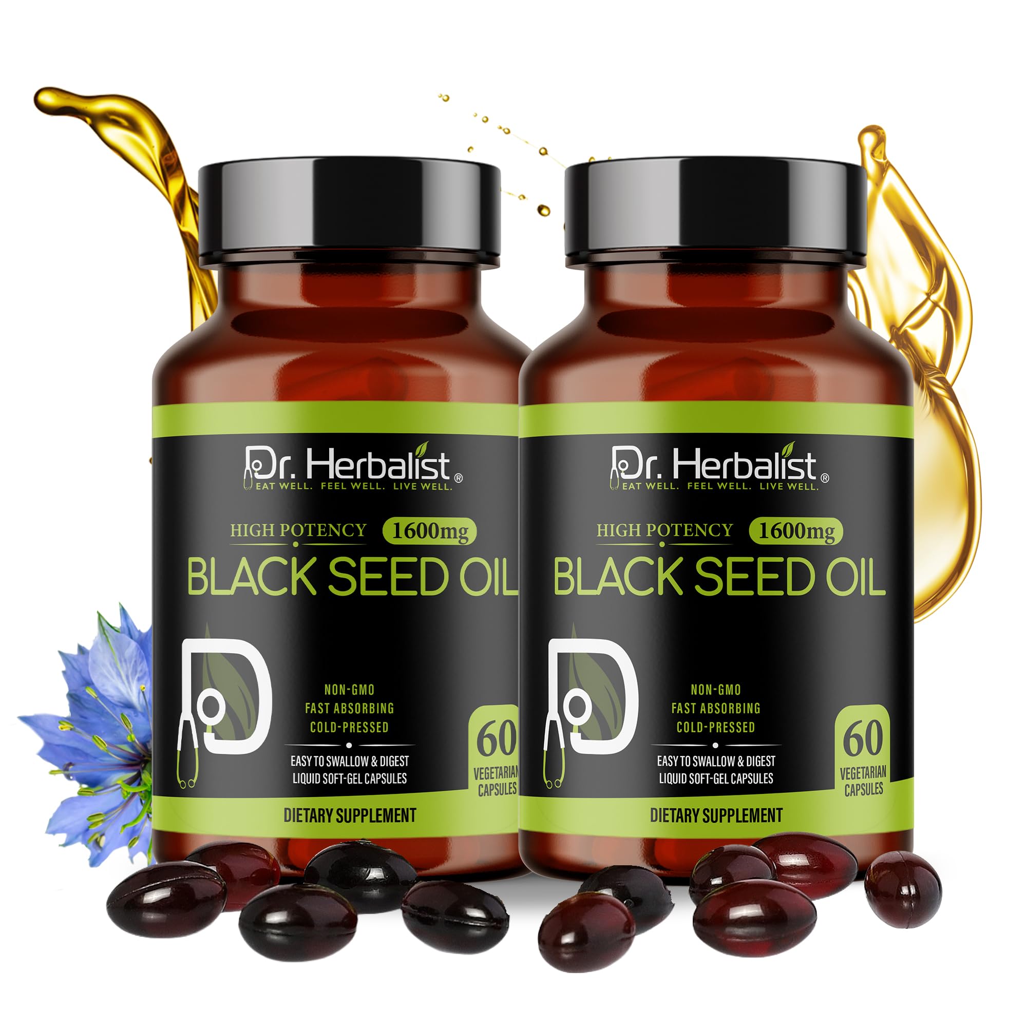Dr. HERBALIST Black Seed Oil Capsules 1600mg - Cold Pressed Nigella Sativa Softgels with Thymoquinone | Supports Overall Wellness & Immune Vitality* | Halal | 60ct