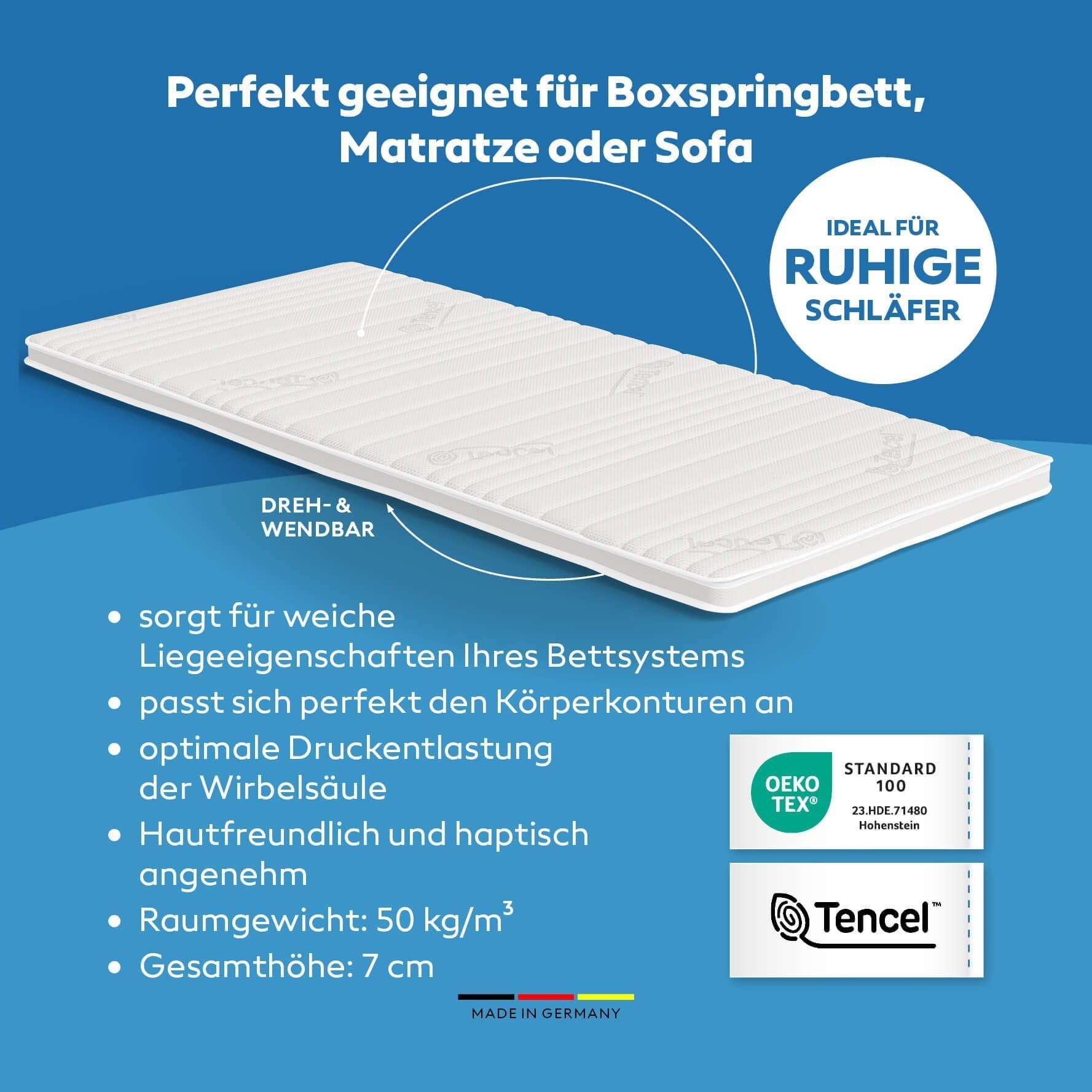 Sobrecolchón de espuma de gel 70 x 160 cm (ancho x largo), Tencel 3D, suave, altura 7 cm, OEKOTEX, Gelax RG 50 kg/m³, fabricado en Alemania