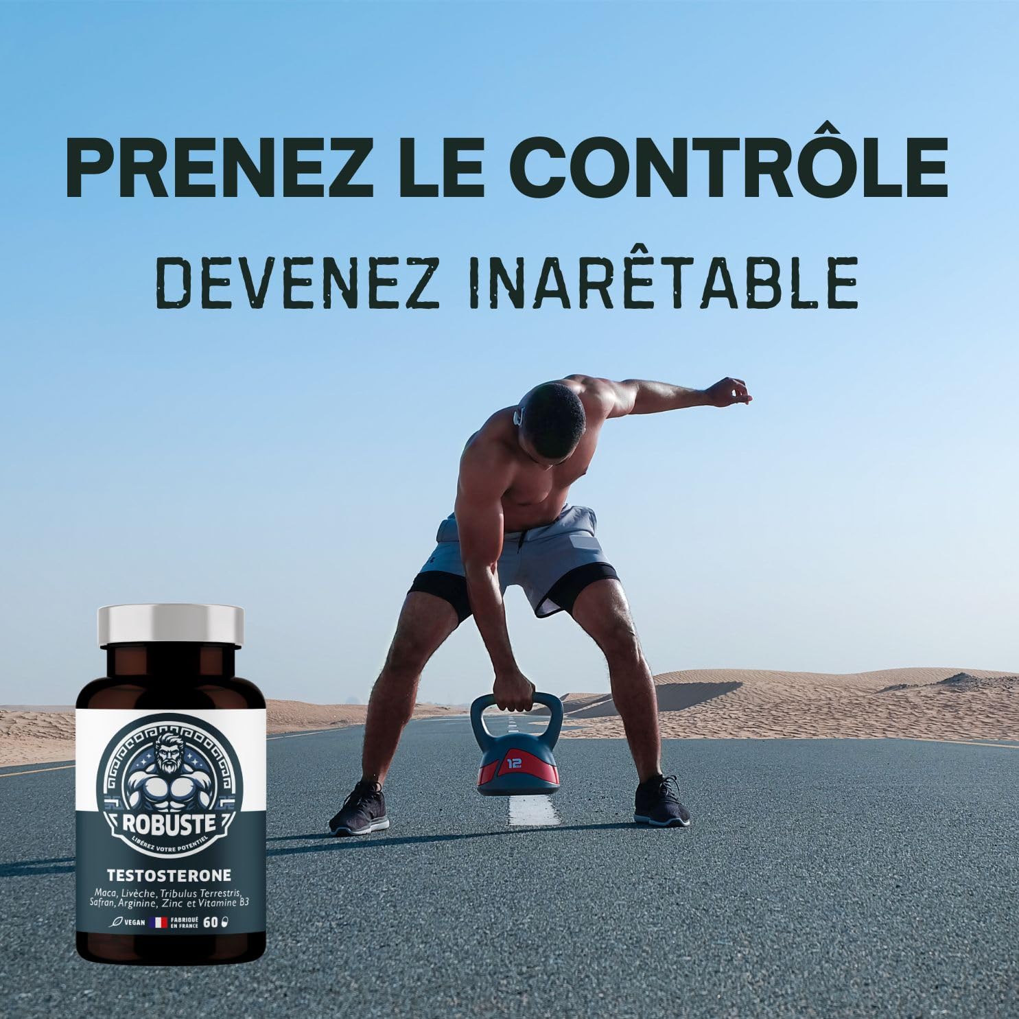 ROBUSTE Testostérone Performance et Circulation sanguine - L-Arginine, Tribulus, Maca, Ashwaganda, Zinc - Complément alimentaire naturel pour homme - Fabriqué en France - Cure 1 mois, 60 comprimés.