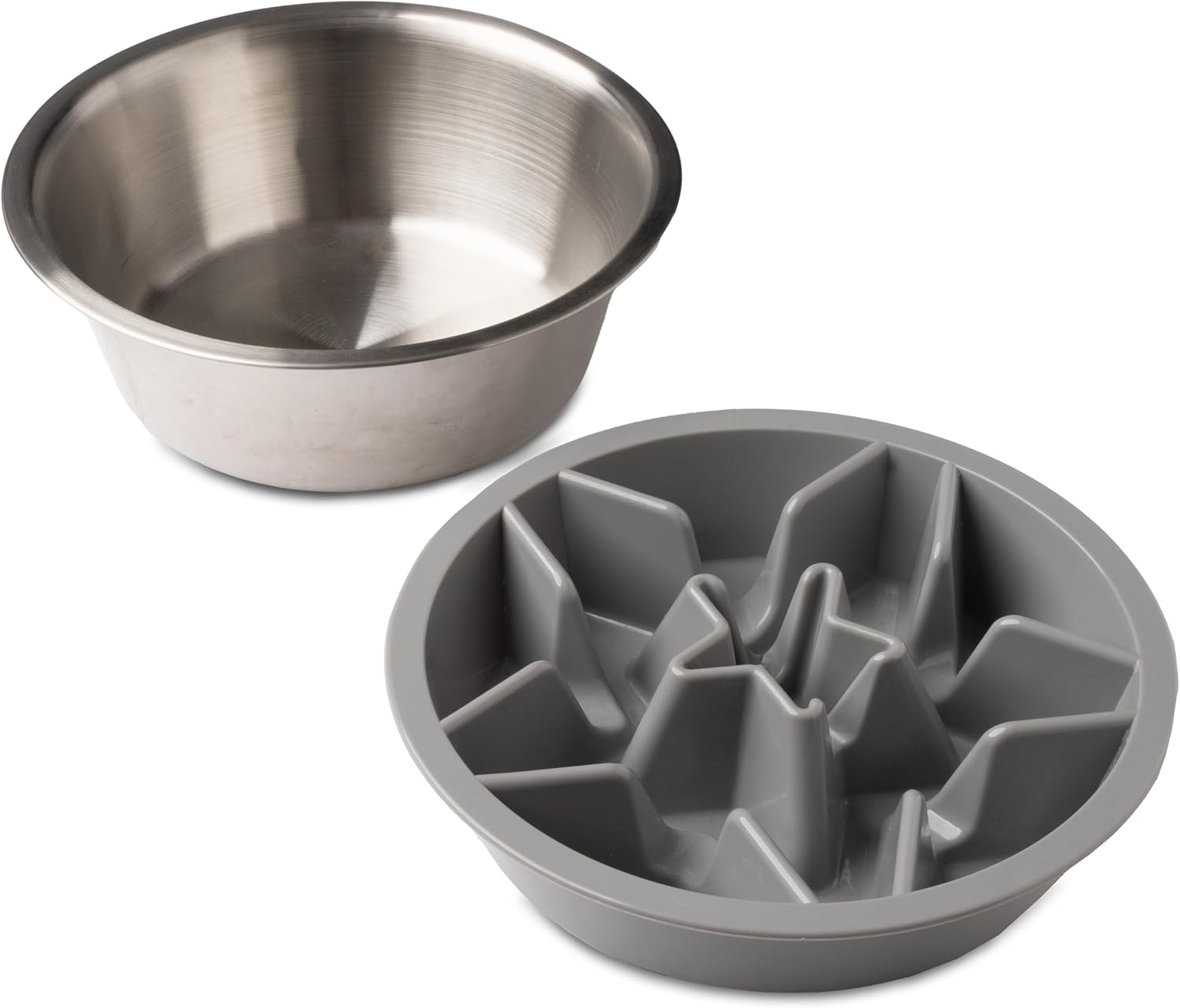 Leash Boss 2-Pack Slow Feeder Dog Bowls (2 Cup) Puzzle Dog Food Bowl with Stainless Steel Bowl - Fits into Elevated Pet Feeders - Slow Eating for Large, Medium & Small Sized Breeds, White