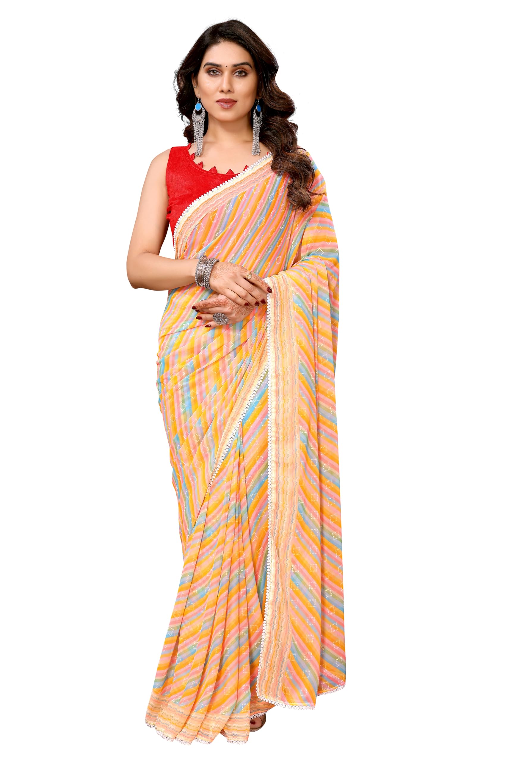 MOHIT CREATIONS Women's Party Wear Georgette Printed Border Ready To Wear Saree With Unstiched Blouse Piece
