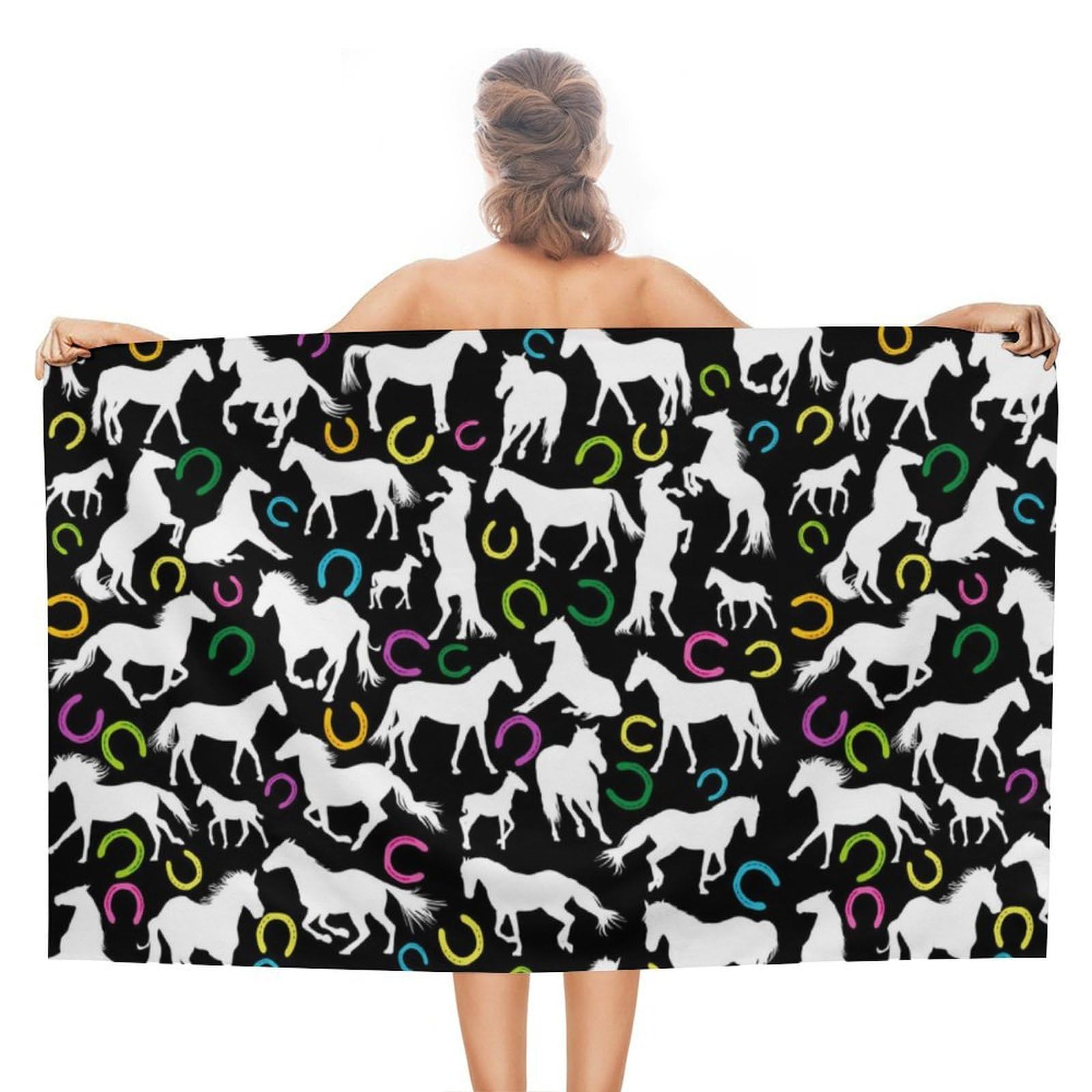 Nclqvjxzkhw Women's Style White Horses And Horseshoe Print Beach Towel For Adults Lightweight Bath Towels Swim Travel Gym Sports 130×80Cm