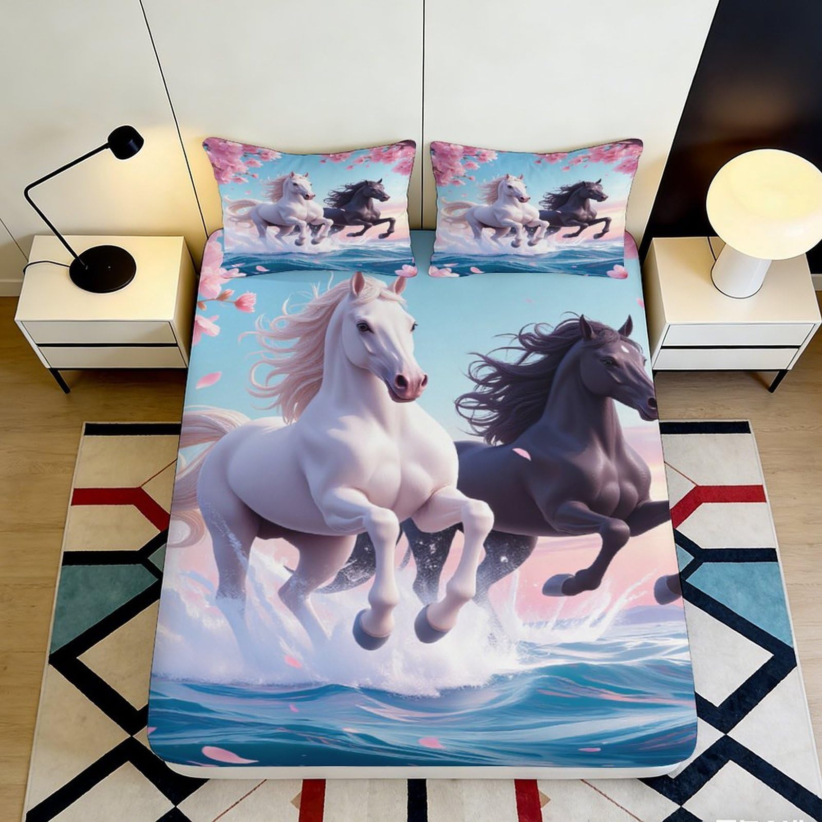 3D Printed Horses Fitted Sheet, Microfiber soft touch, Bed Cover for Bedroom Decor, Wrinkle Resistant, Apartment Bedding, Easy Care, Anti-Slip 120x200x25cm
