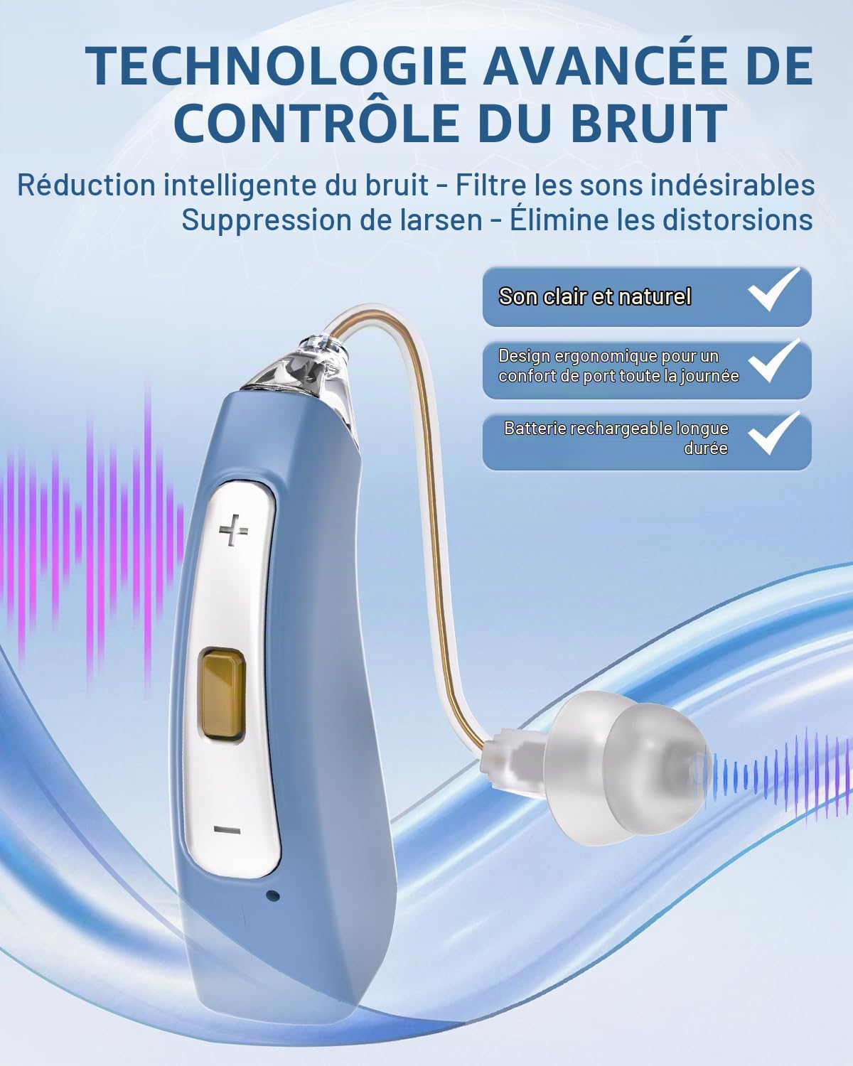 Dispositif de son rechargeable avec filtrage du bruit – 30 h d'autonomie – Dispositif de son discret pour seniors – Utilisation facile