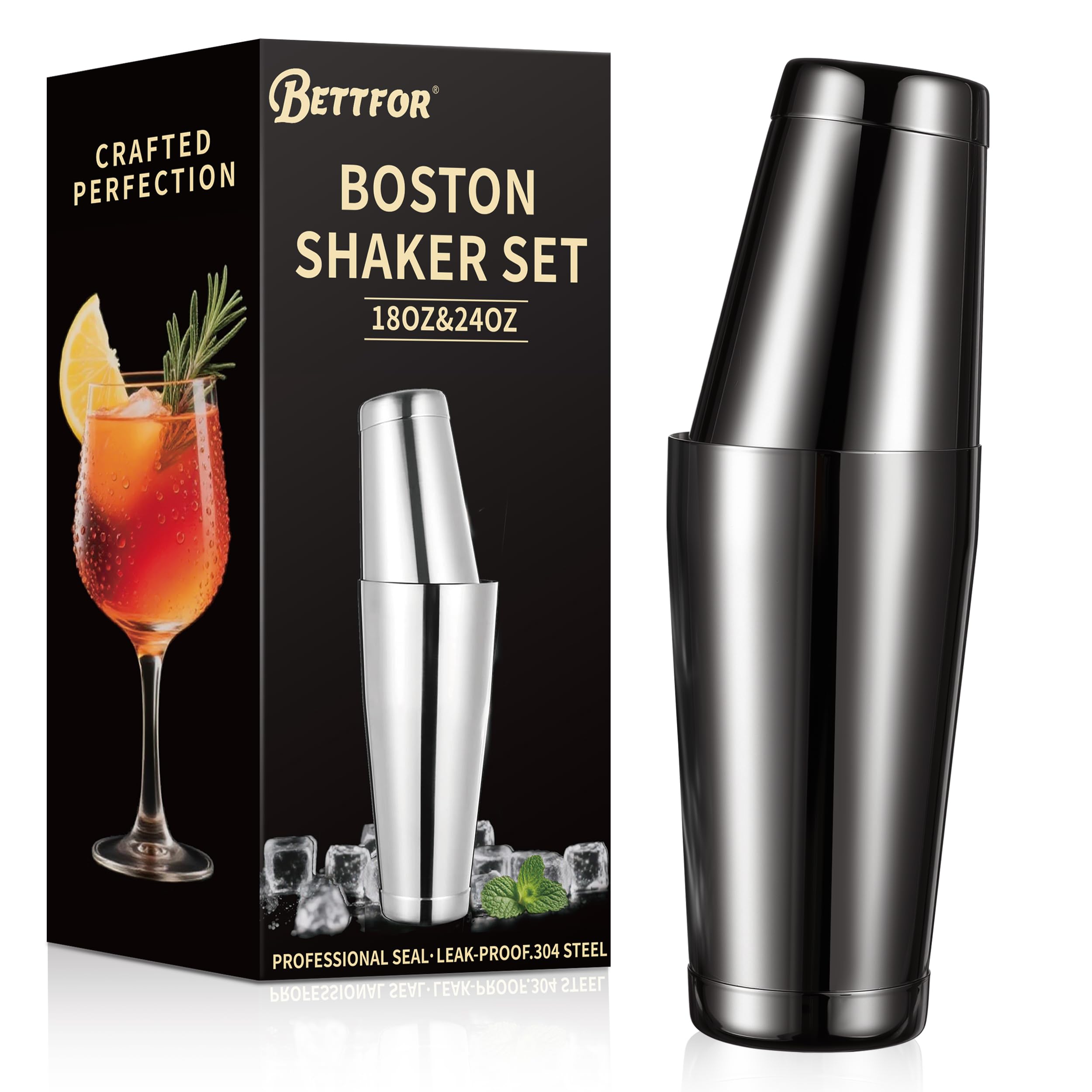 Boston Shaker Set, 18oz &amp; 28oz 2-Piece Tins, Professional 304 Stainless Steel Cocktail Shaker with Leak-Proof Weighted Base for Bartending, Home &amp; Bar Use (Black)