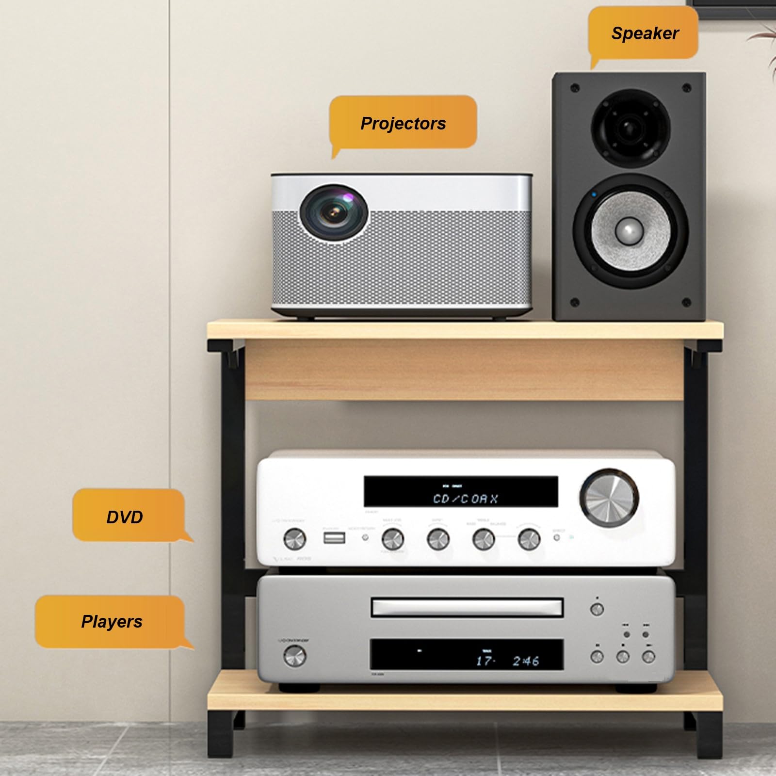 AV-Media-Ständer mit 2 Ebenen, Metallrahmen und MDF-Eckregal, Entertainment-Center, Audio-Rack, Turm für DVD-Player, Spielekonsolen, TV-Boxen, Projektoren – stilvolle Aufbewahrungslösung
