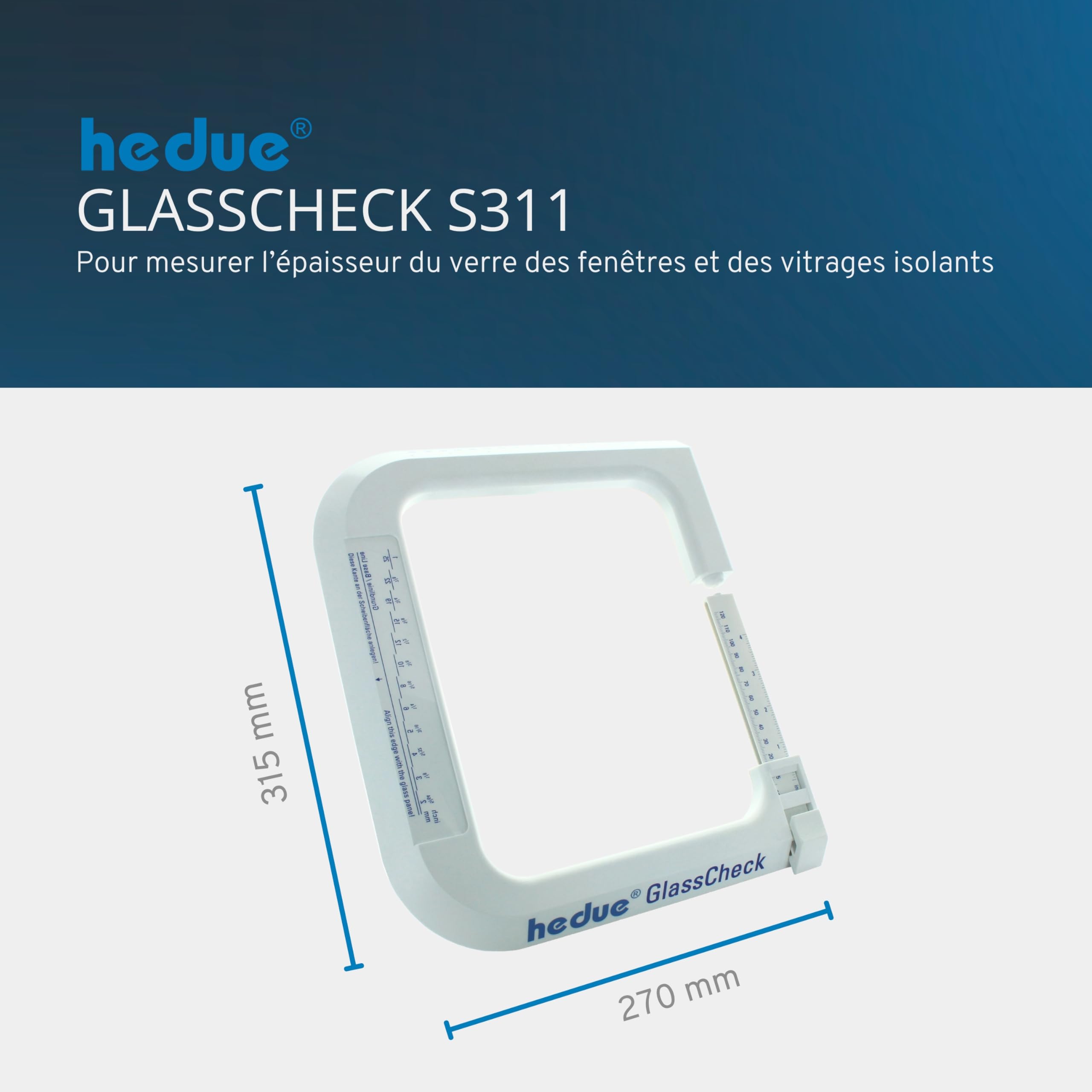 Vitromètre GlassCheck - Jauge d’épaisseur de verre pour la mesure du vitrage de fenêtres et de vitrages isolants jusqu’à 120 mm