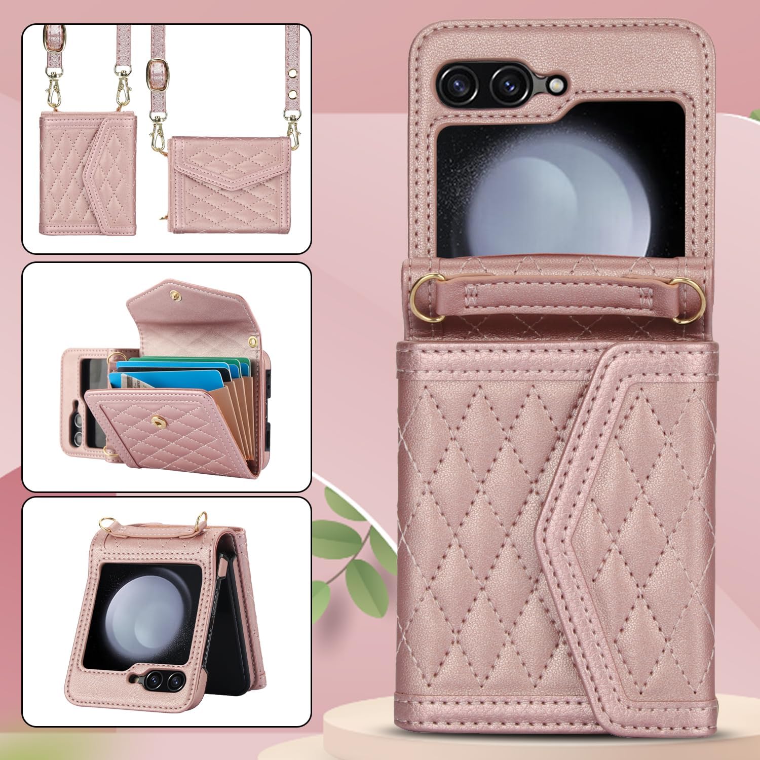 Crossbody Wallet case for Samsung Galaxy Z Flip 5 with 4 Card Slots, RFID Blocking and Adjustable Shoulder Strap. Z Flip 5 Wallet case for Women Rose Gold