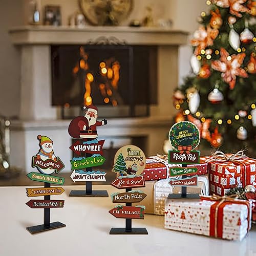 Miniatura 6 de Decoraciones de Mesa de Navidad, 4 Letreros Rectangulares de Madera, Estilo Rústico de Granja, Policromado, 8.86 x 4.72 Pulgadas, Montaje en Pared