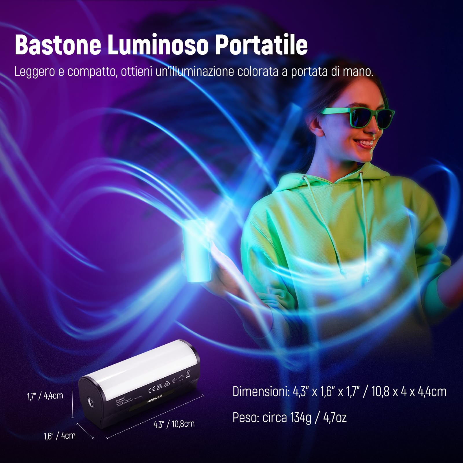 NEEWER BASICS Barra Luminosa Magnetica Portatile, Mini Luce Tubo LED RGB a 360°, Batteria 2500mAh, Dimmerabile 2500K-8500K, Light Stick per Studio Fotografia Riprese Streaming TikTok YouTube, TL96RGB