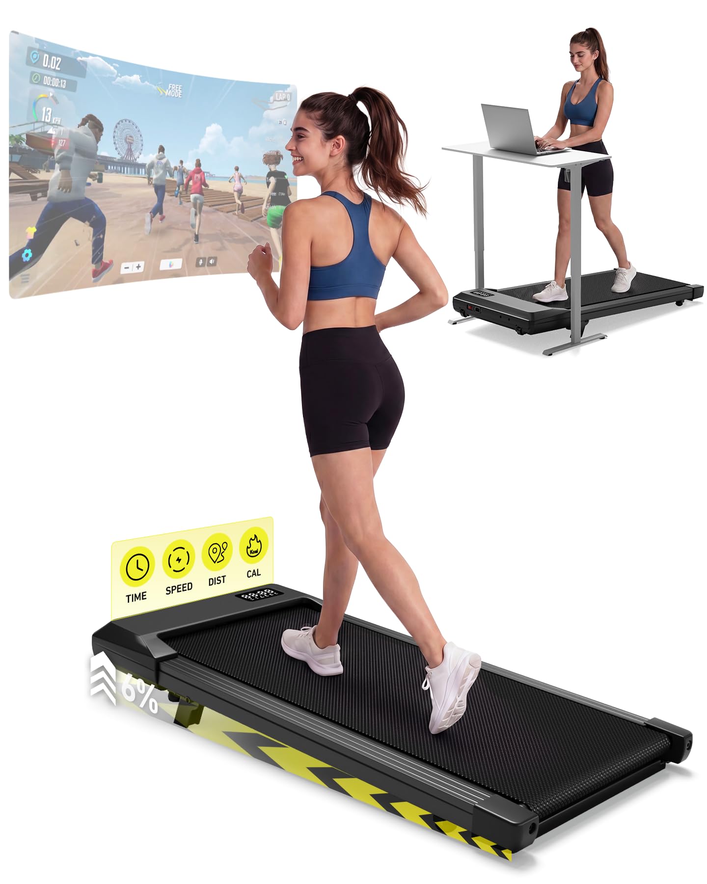 MJWW Raceable Walking Pad mit 6%-9% Steigung, 2.5/3.0 HP Klappbares Laufband für Zuhause & Büro mit APP-Steuerung, Leise Schreibtisch Laufband mit AI-Training, LED-Anzeige