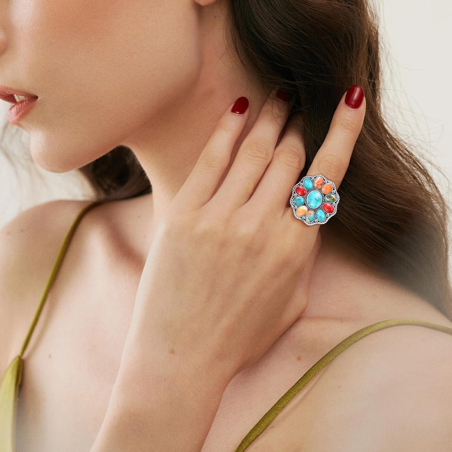 Turquoise Wedding Band Rings for Women 925 Sterling Silver Vintage Boho Statement Rings Size 7