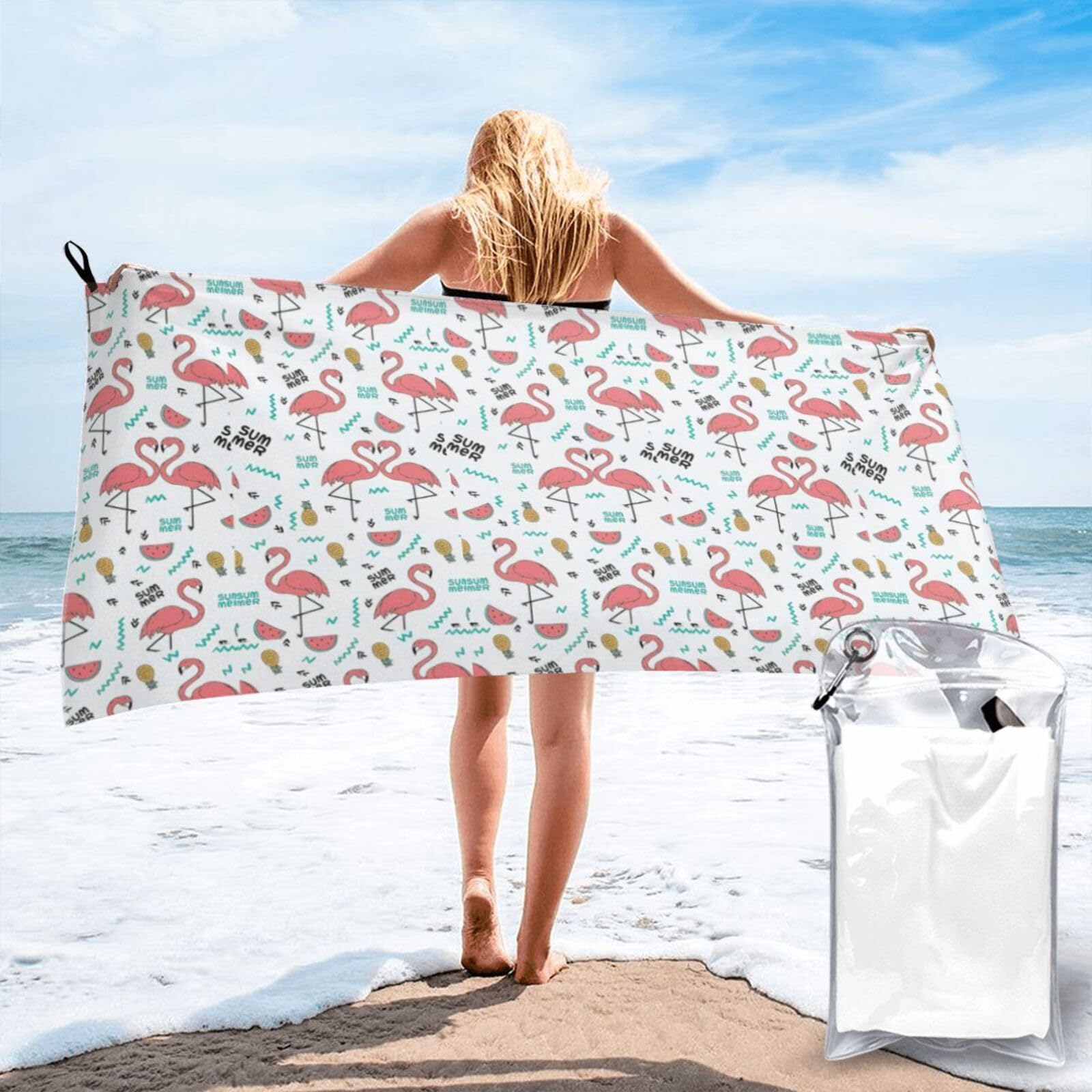 VCzsdff Pink Flamingo. Print Quick Dry Towel Compact Beach Shower Wrap For Camping Fitness