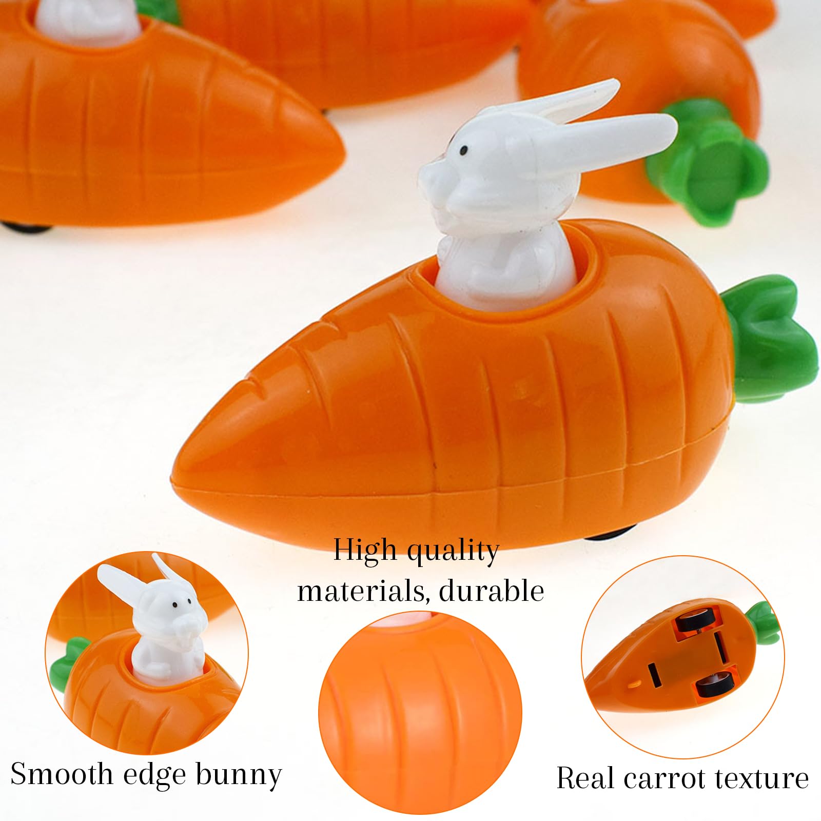4 Conejitos De Pascua A Cuerda En Coches De Zanahoria – Juguetes Sin Pilas, De ABS, Tamaño 7.5x3.5x3.5 Cm, Ideales Para Cestas Y Fiestas