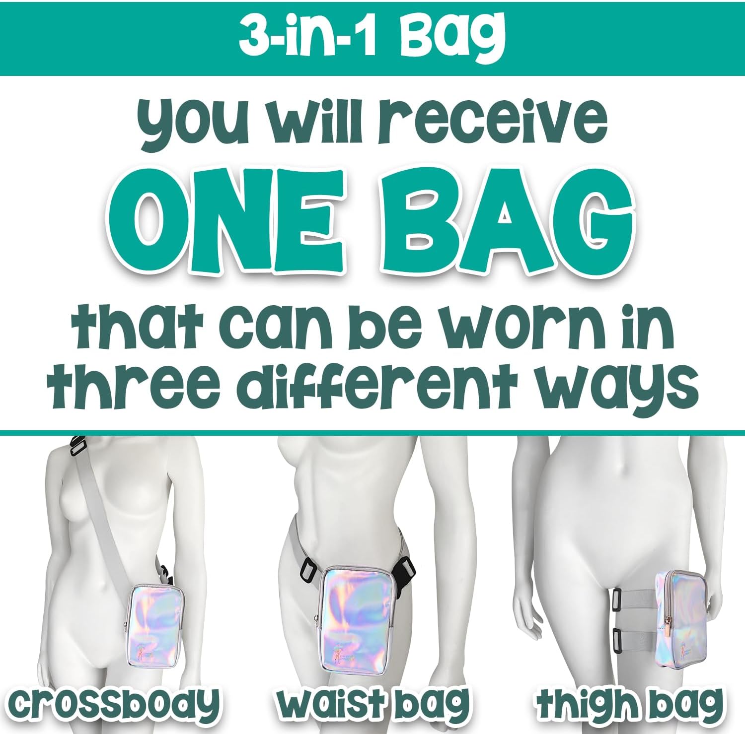 3-IN-1 Thigh Bag Fanny Pack Crossbody Bag | Carnival Leg Harness for Women | Holographic Waist Bag | Rave Leg Pack with Buckles | Silver - Image 2