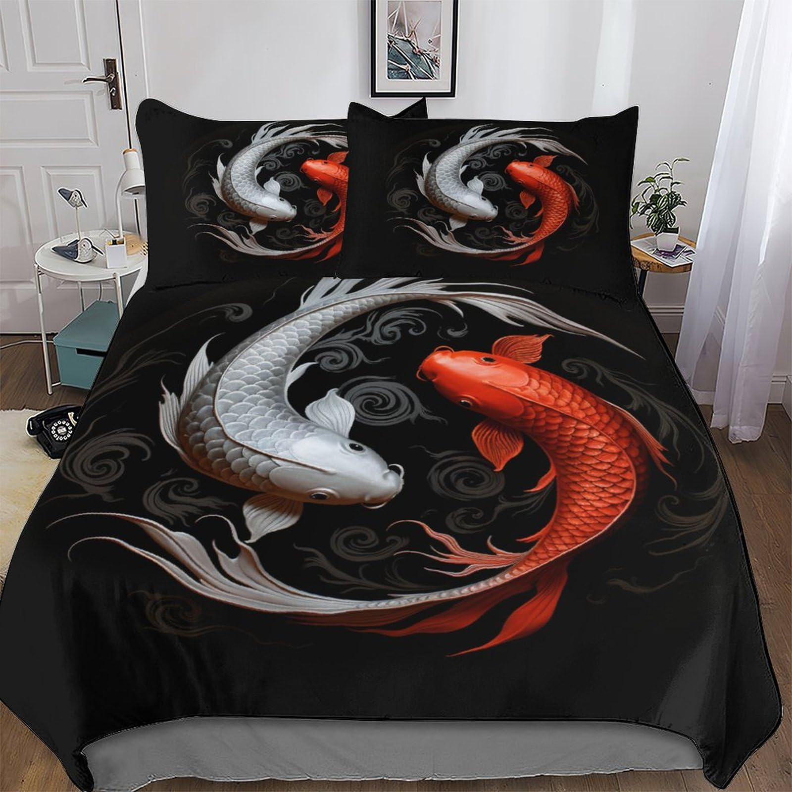 Koi Fish Duvet Cover Set 3D Bedding Set Microfiber Comforter Cover 2PCs with Pillow Shams, Soft Quilt Covers for Kids Adult Single(135x200cm)